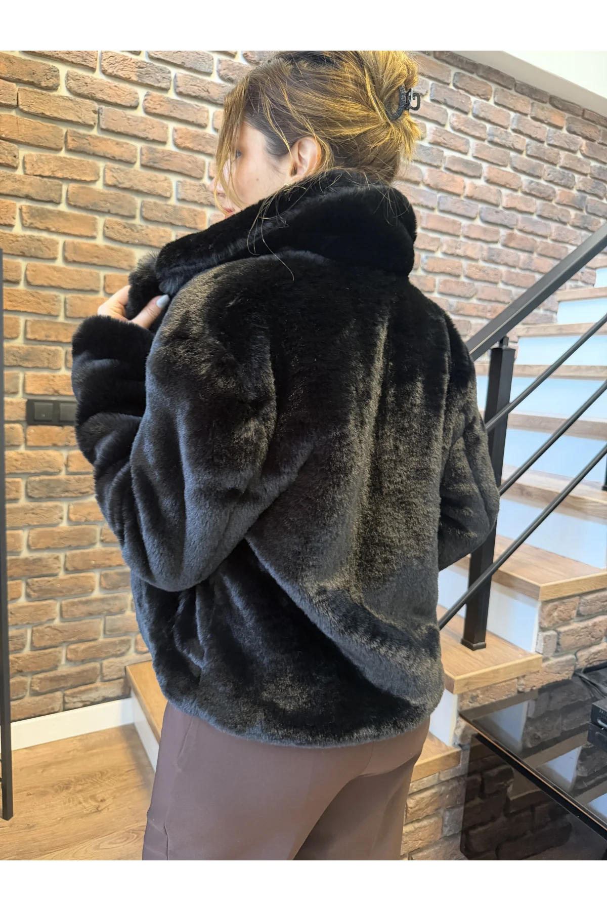 Çıtçıtlı Premium Cepli Kürk Mont Siyah