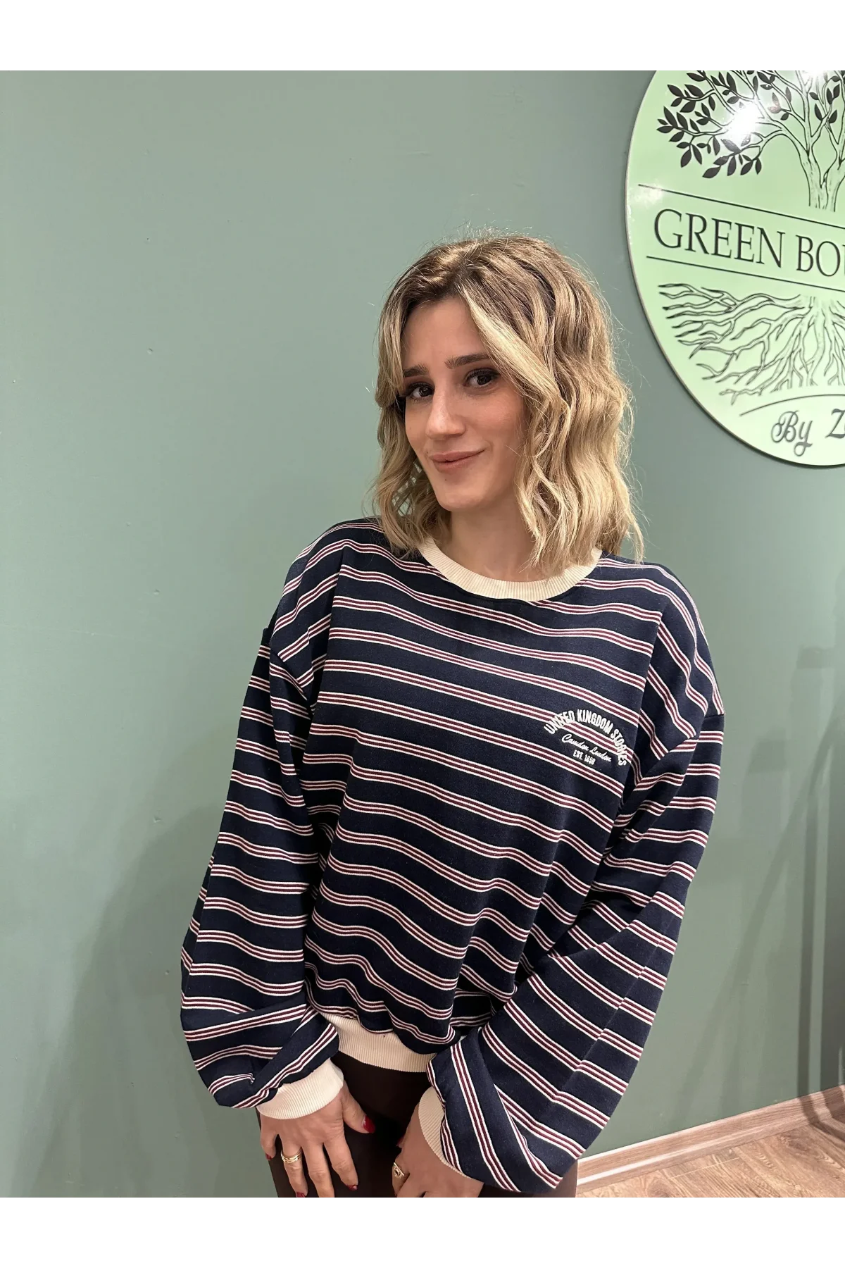 Çizgili Renk Bloklu Oversize Sweatshirt Lacivert