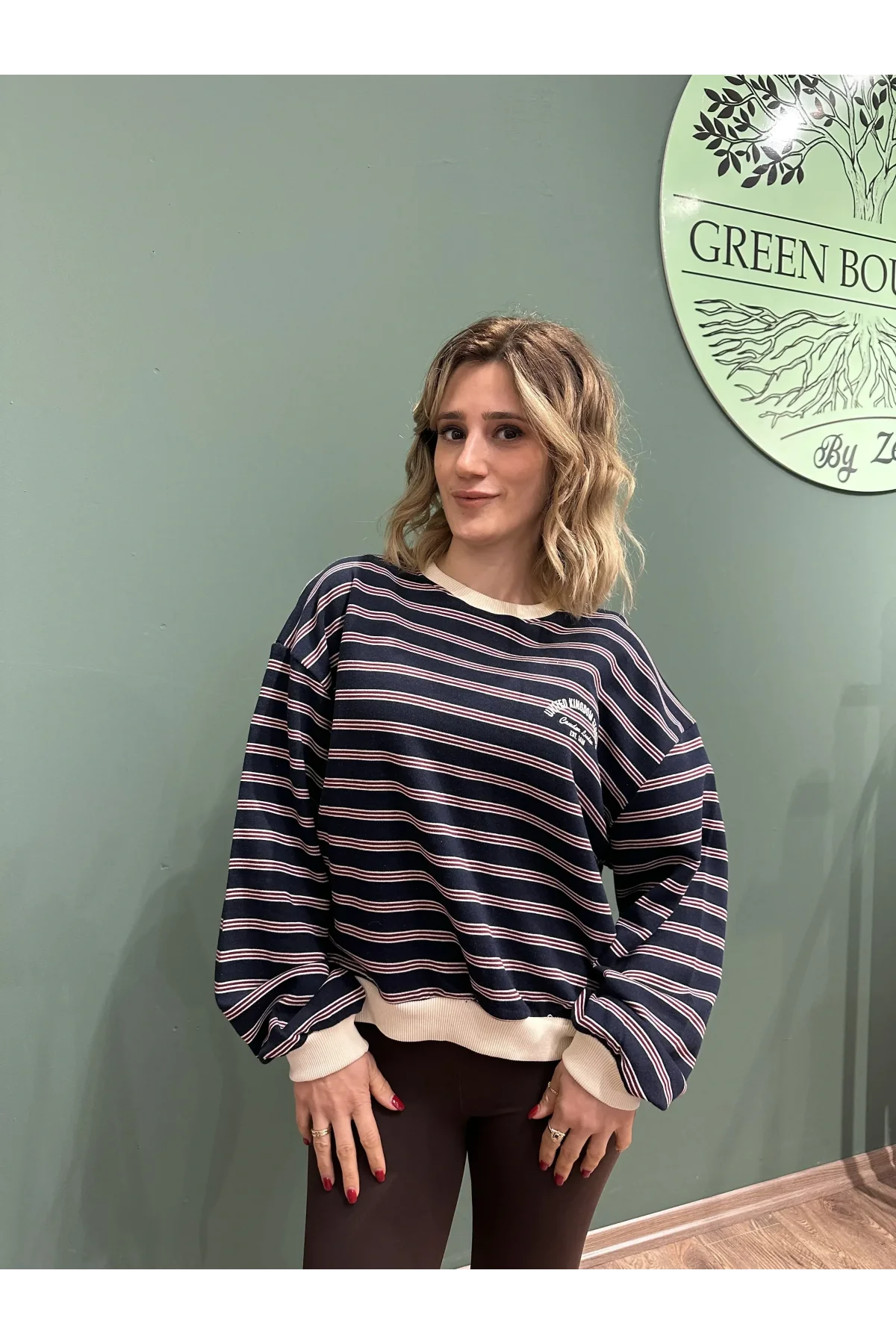 Çizgili Renk Bloklu Oversize Sweatshirt Lacivert