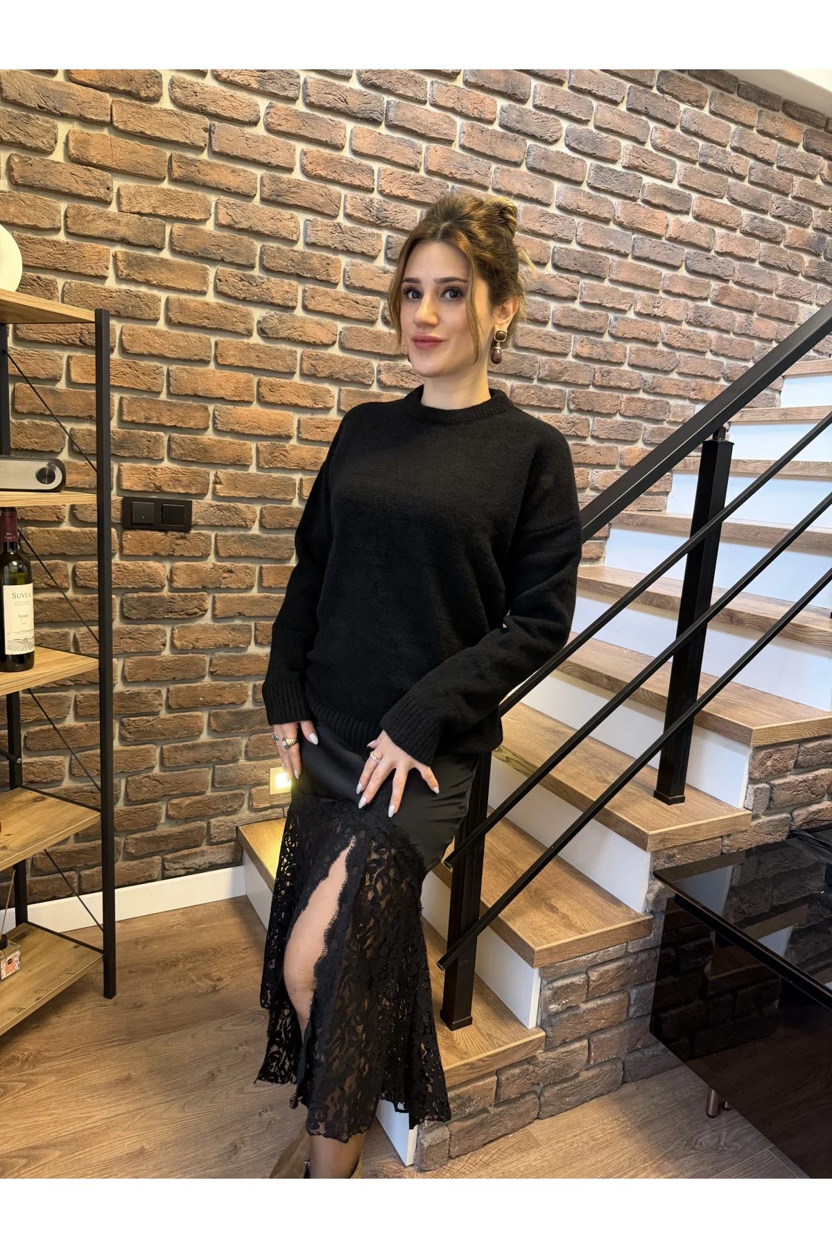 Dantel Detaylı Saten Etek Siyah