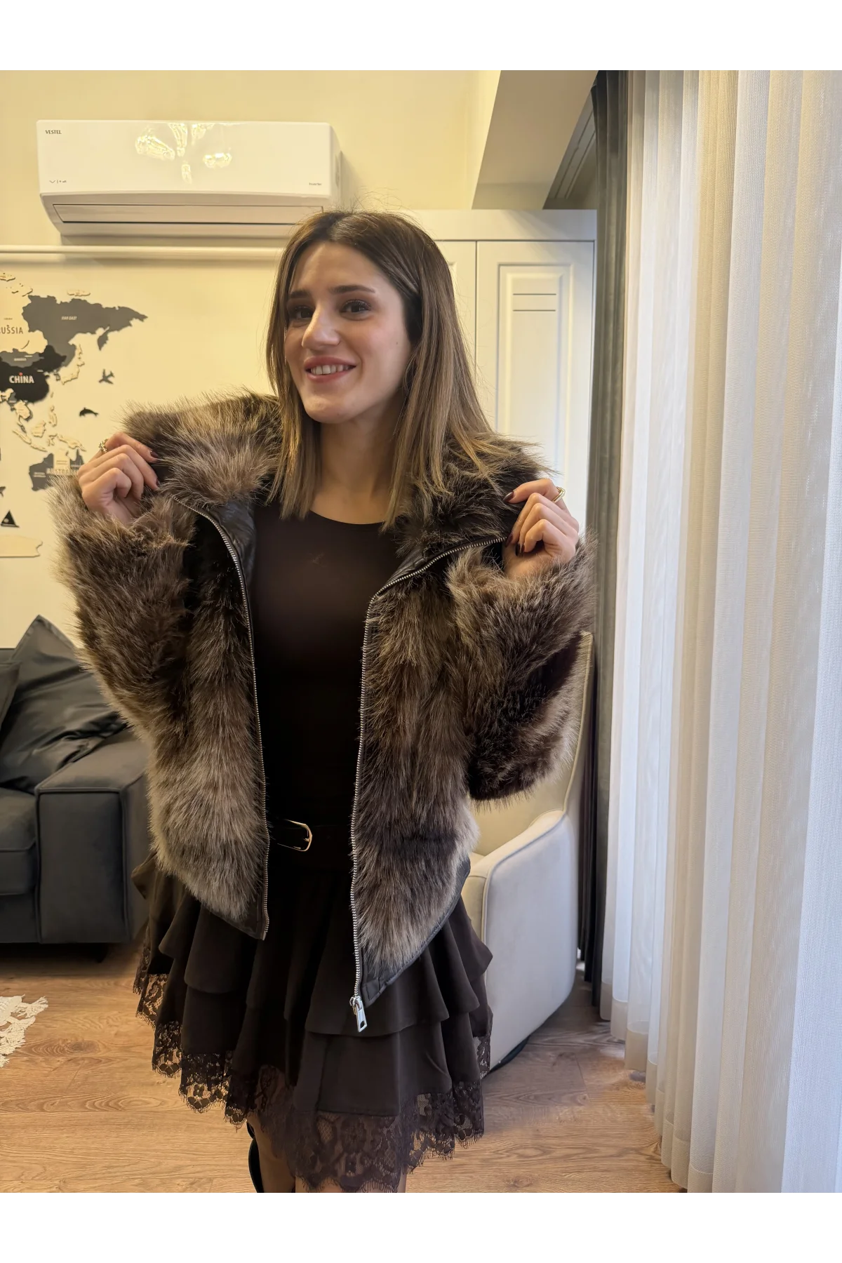 Deri Detaylı Premium Kürk Mont Kahverengi