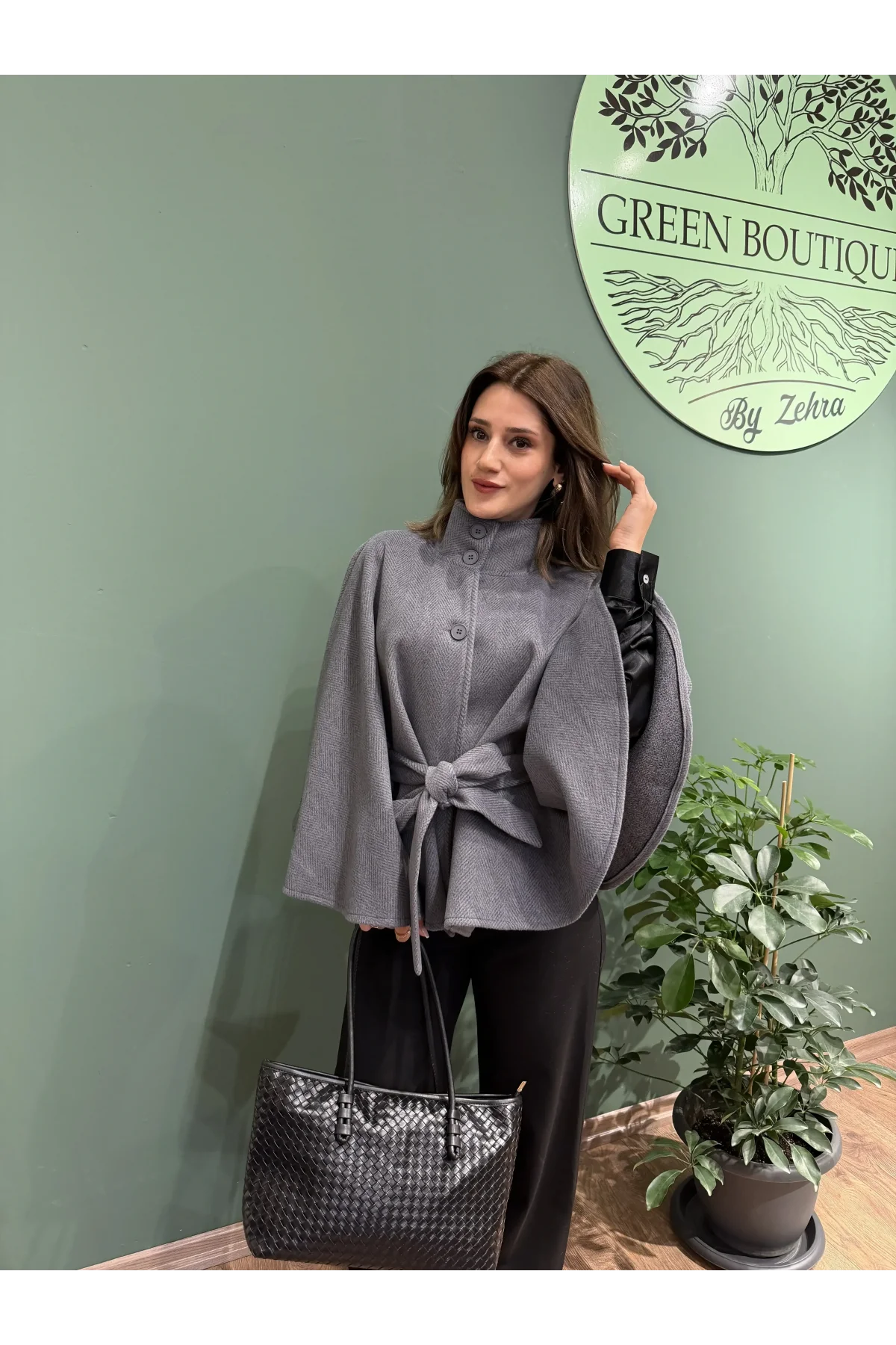 Dik Yaka Kuşaklı Kaşe Panço Gri