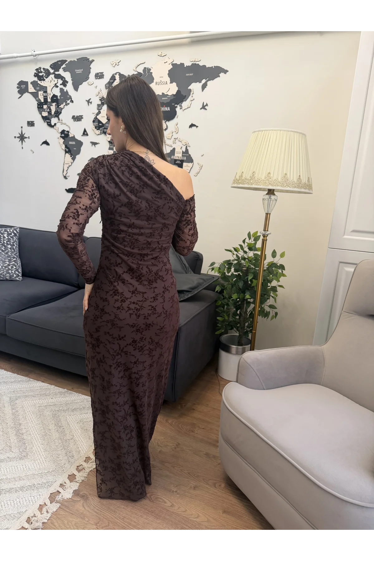 Drapeli Transparan Flok Elbise Kahverengi