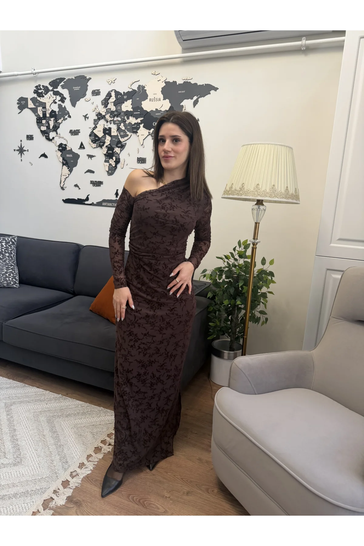 Drapeli Transparan Flok Elbise Kahverengi