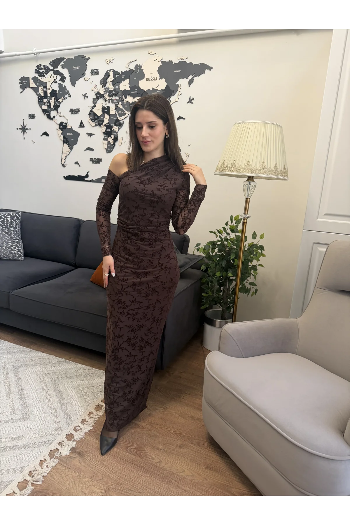 Drapeli Transparan Flok Elbise Kahverengi