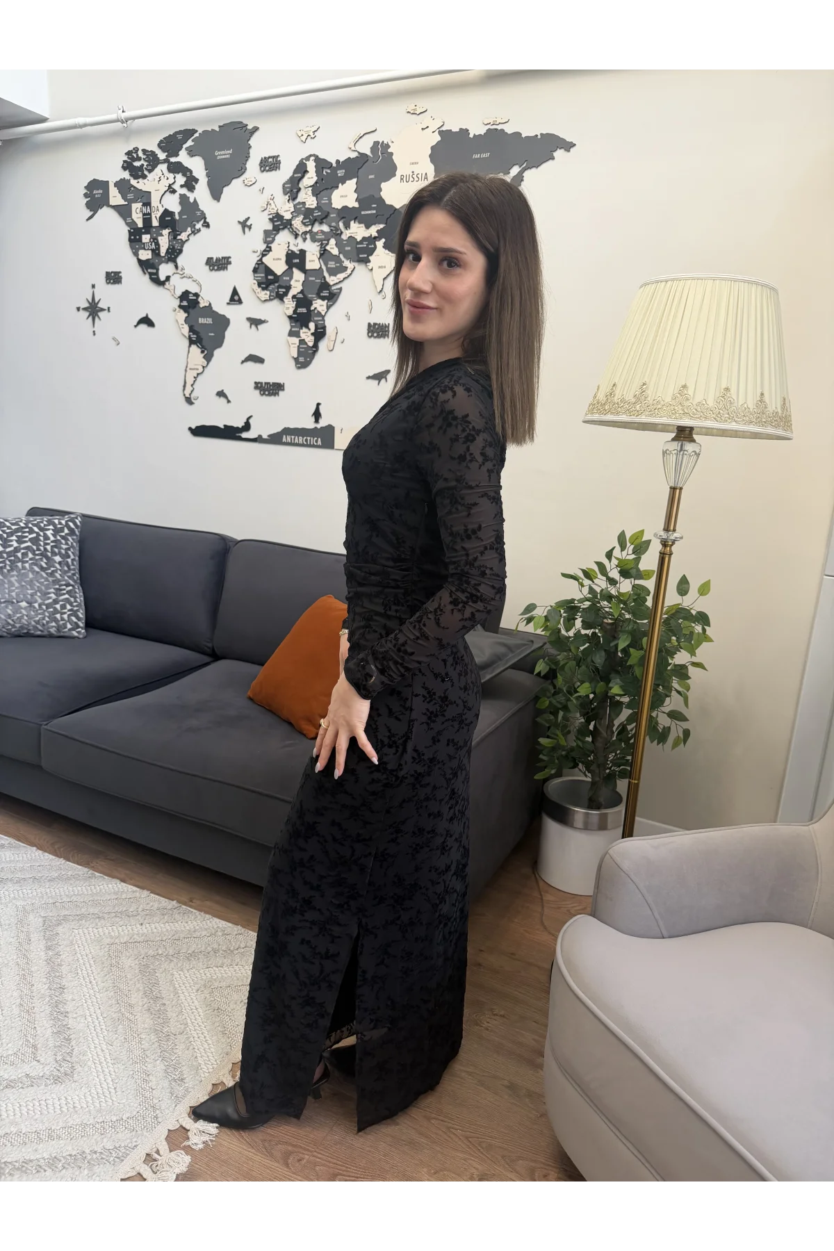 Drapeli Transparan Flok Elbise Siyah