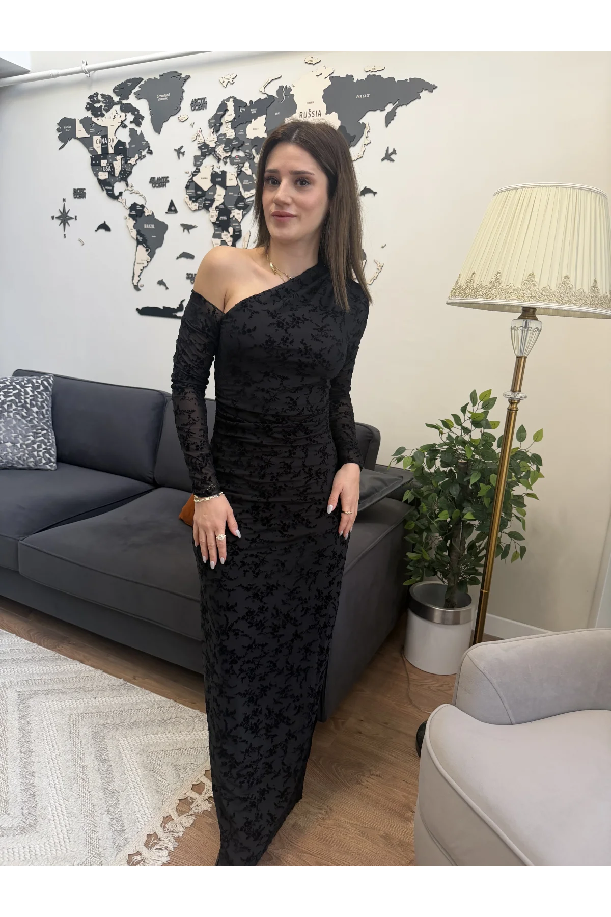 Drapeli Transparan Flok Elbise Siyah