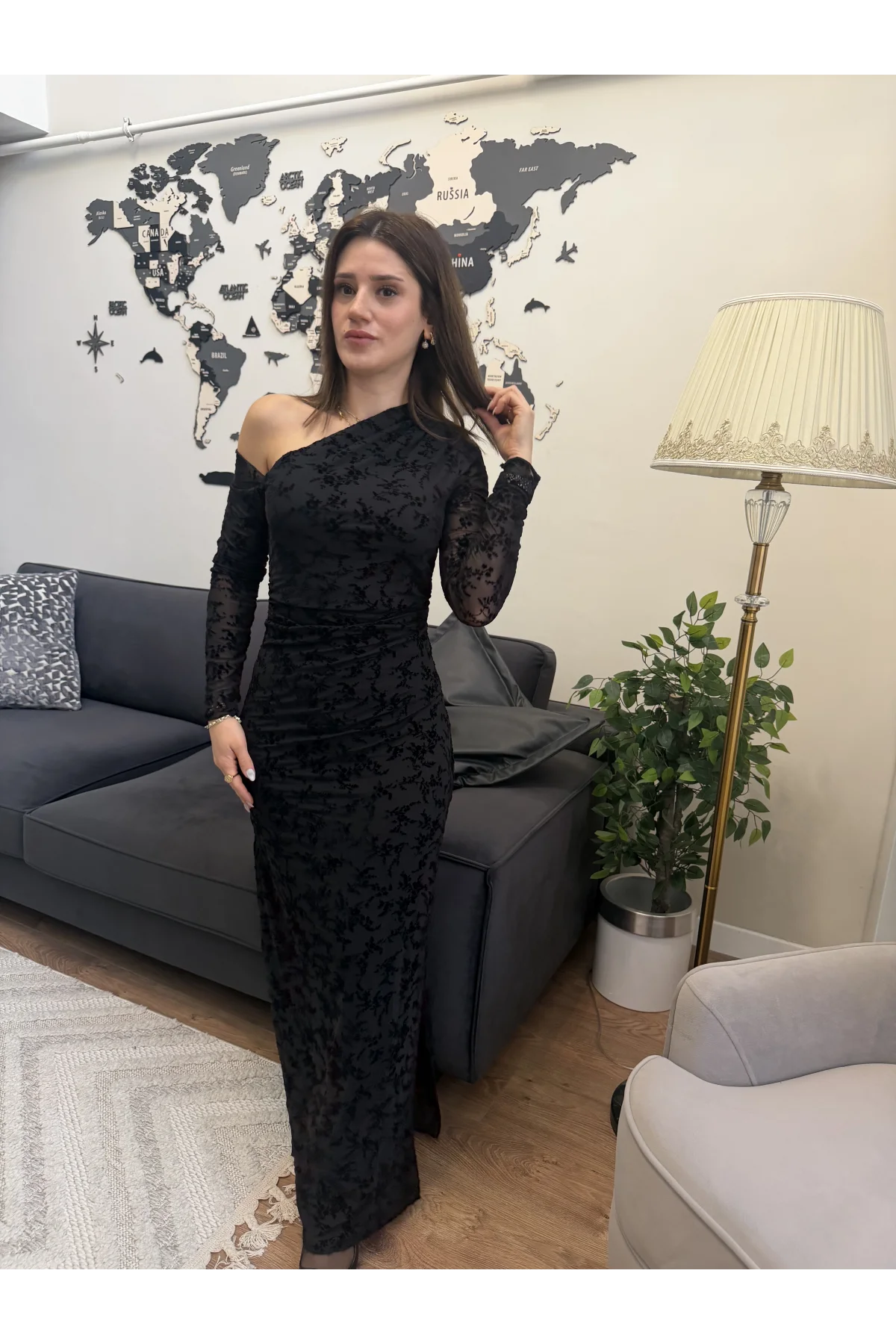 Drapeli Transparan Flok Elbise Siyah