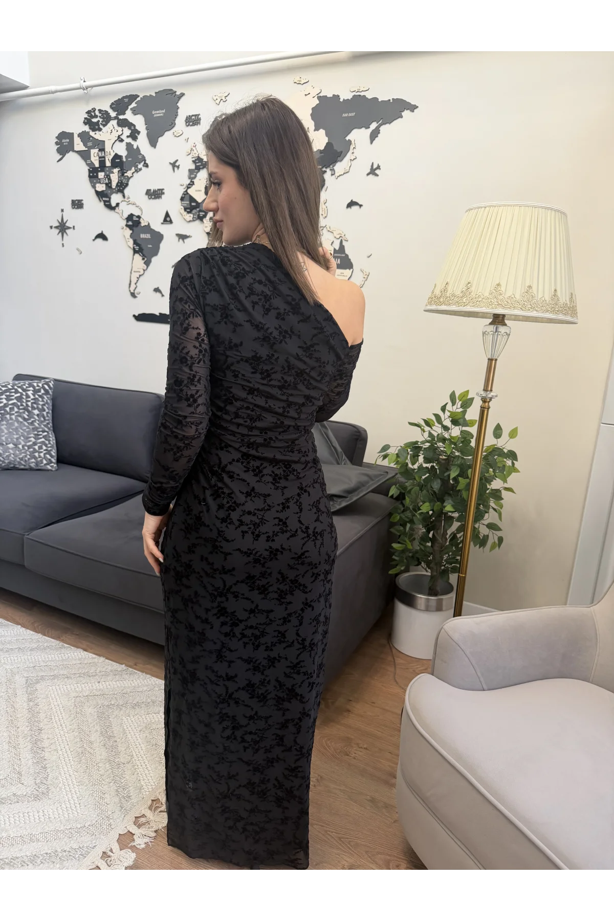 Drapeli Transparan Flok Elbise Siyah