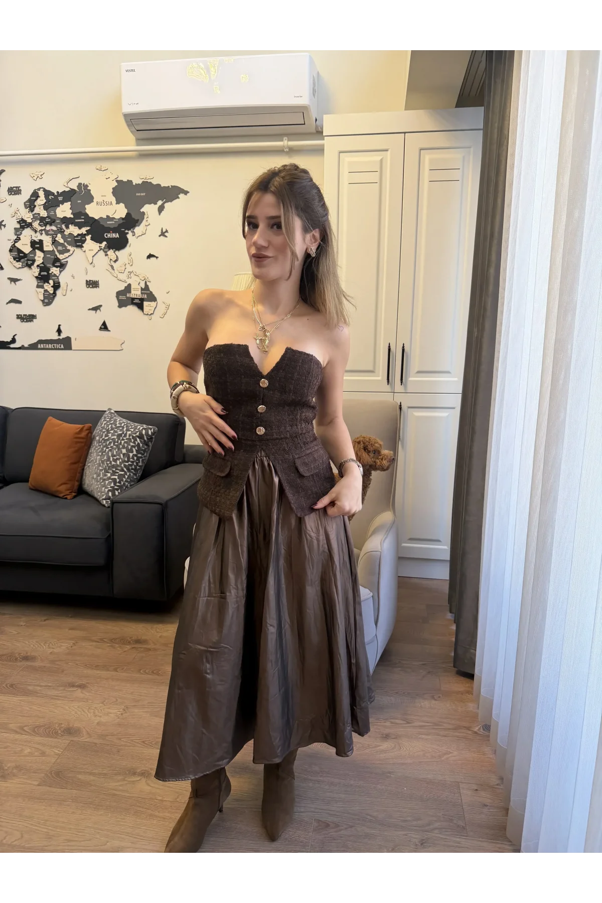 Düğmeli Tüvit Straplez Büstiyer Bluz Kahverengi