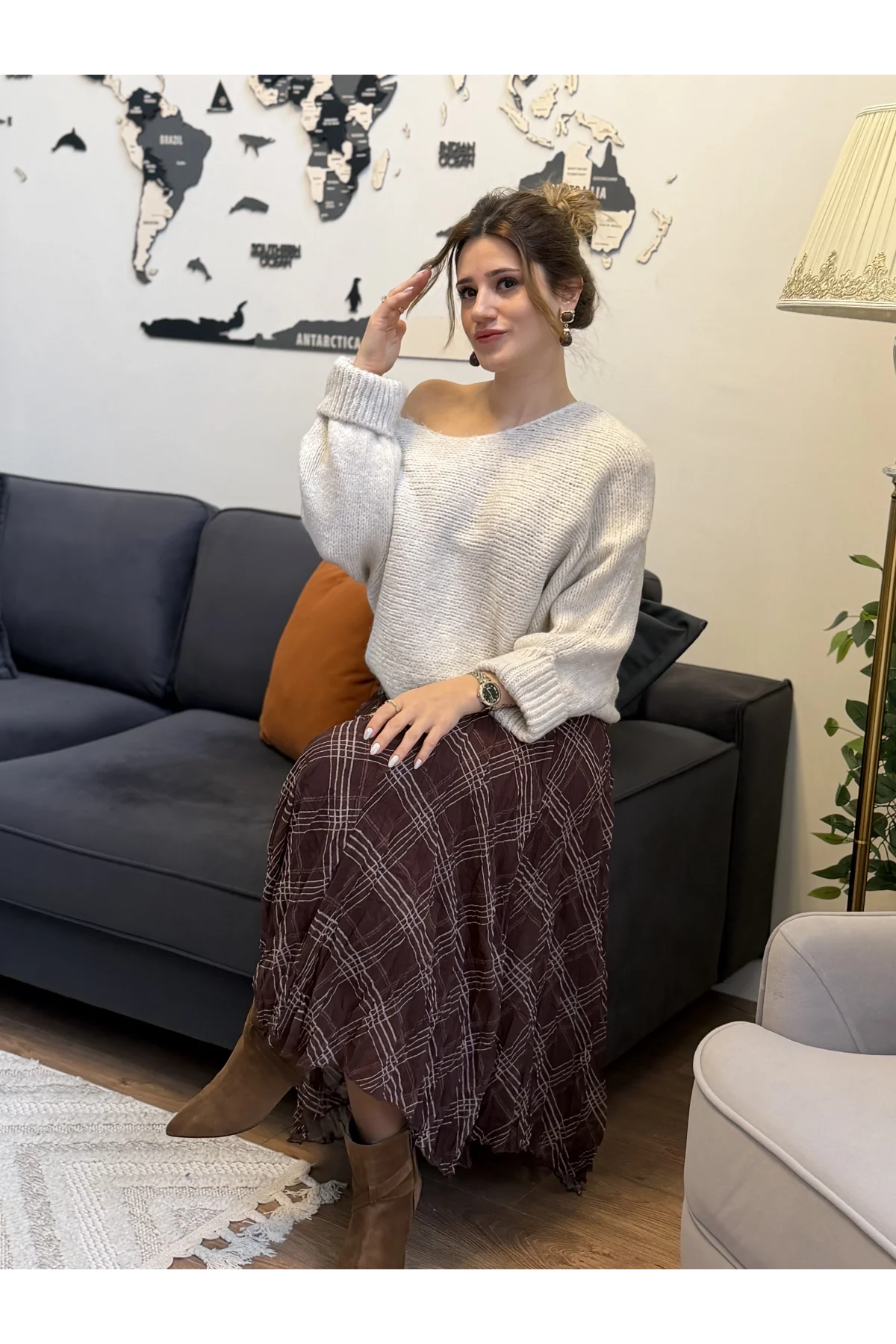 Ekose Desenli Asimetrik Etek Kahverengi