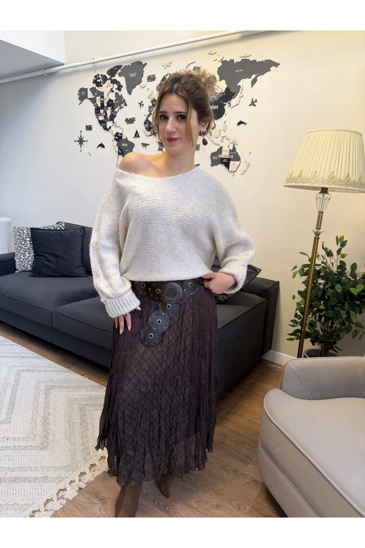 Ekose Desenli Kırışık Görünümlü Etek Kahverengi