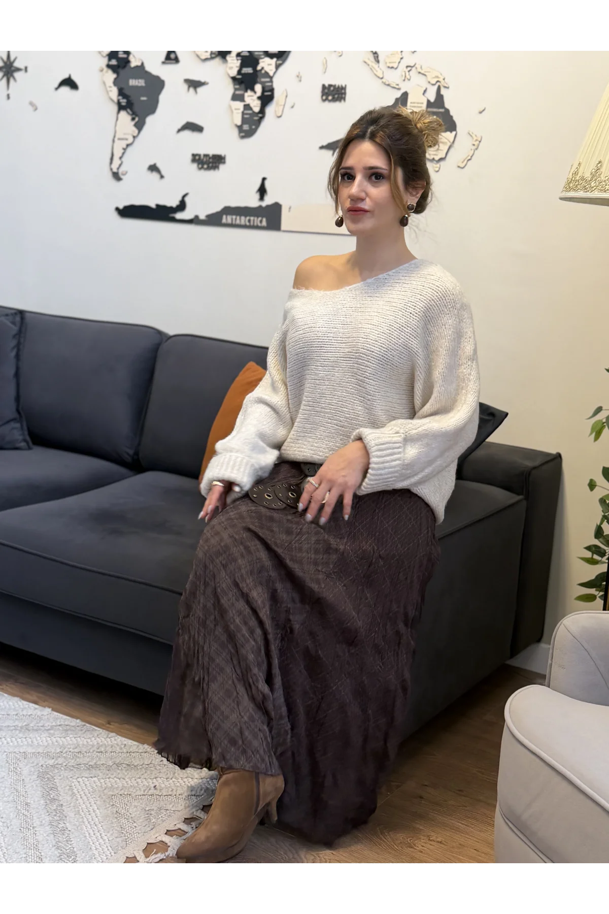 Ekose Desenli Kırışık Görünümlü Etek Kahverengi