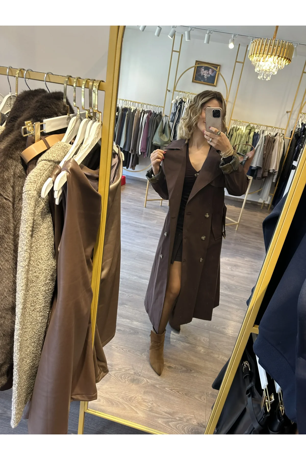 Ekose Detaylı Kuşaklı Trençkot Acıkahve