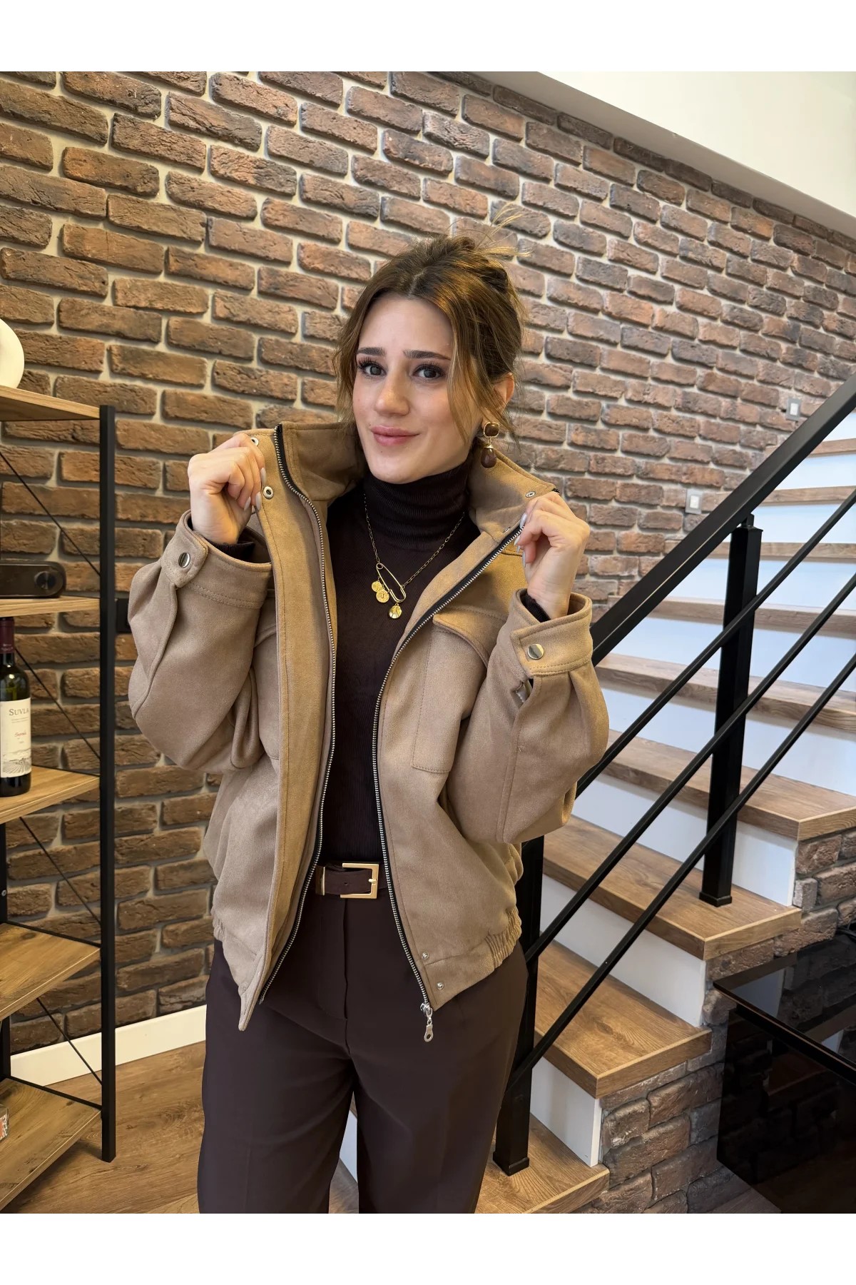 Geniş Cep Detaylı Süet Bomber Ceket Füme