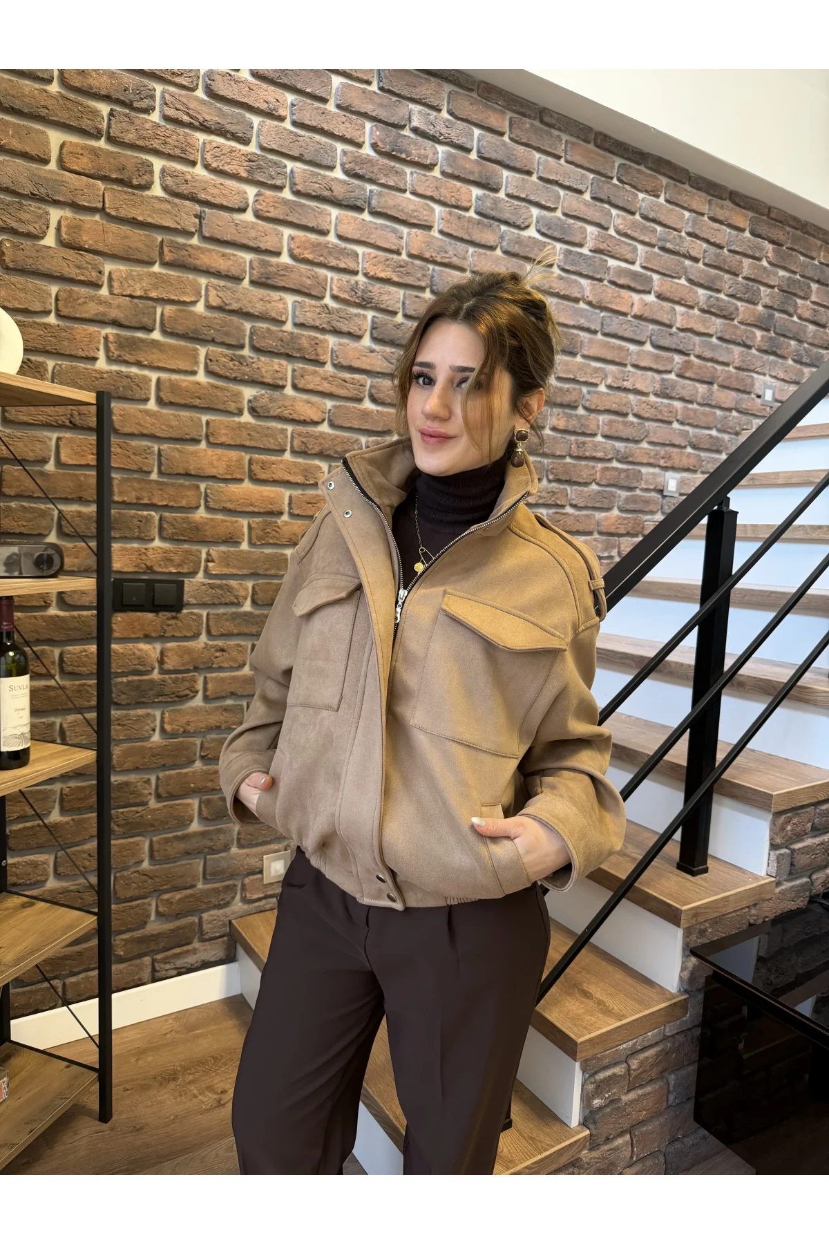 Geniş Cep Detaylı Süet Bomber Ceket Füme