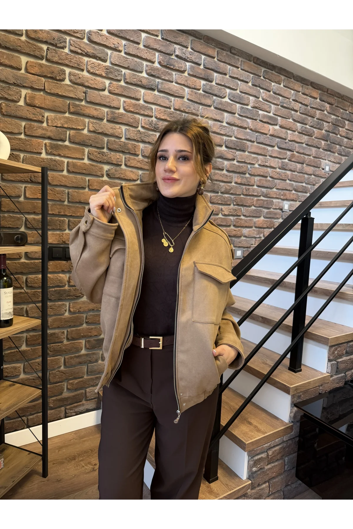 Geniş Cep Detaylı Süet Bomber Ceket Füme