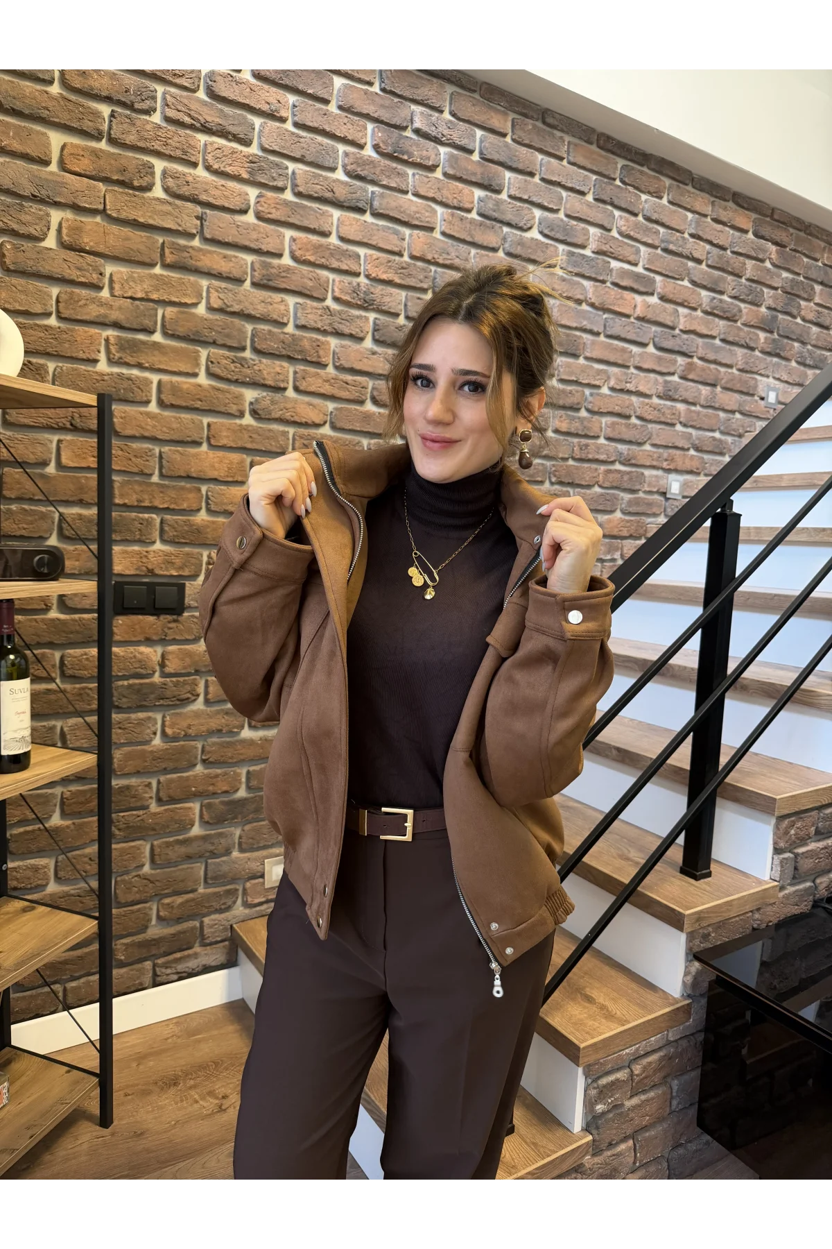 Geniş Cep Detaylı Süet Bomber Ceket Kahverengi