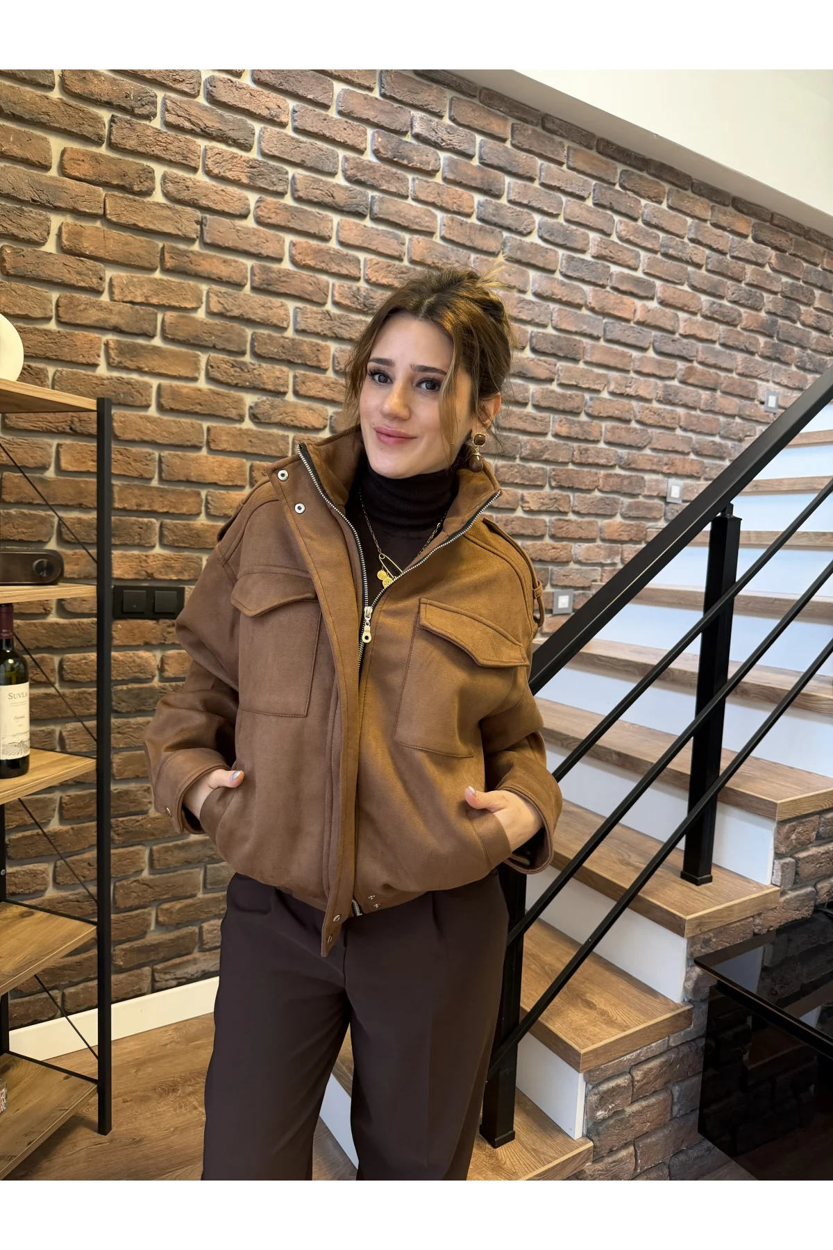 Geniş Cep Detaylı Süet Bomber Ceket Kahverengi