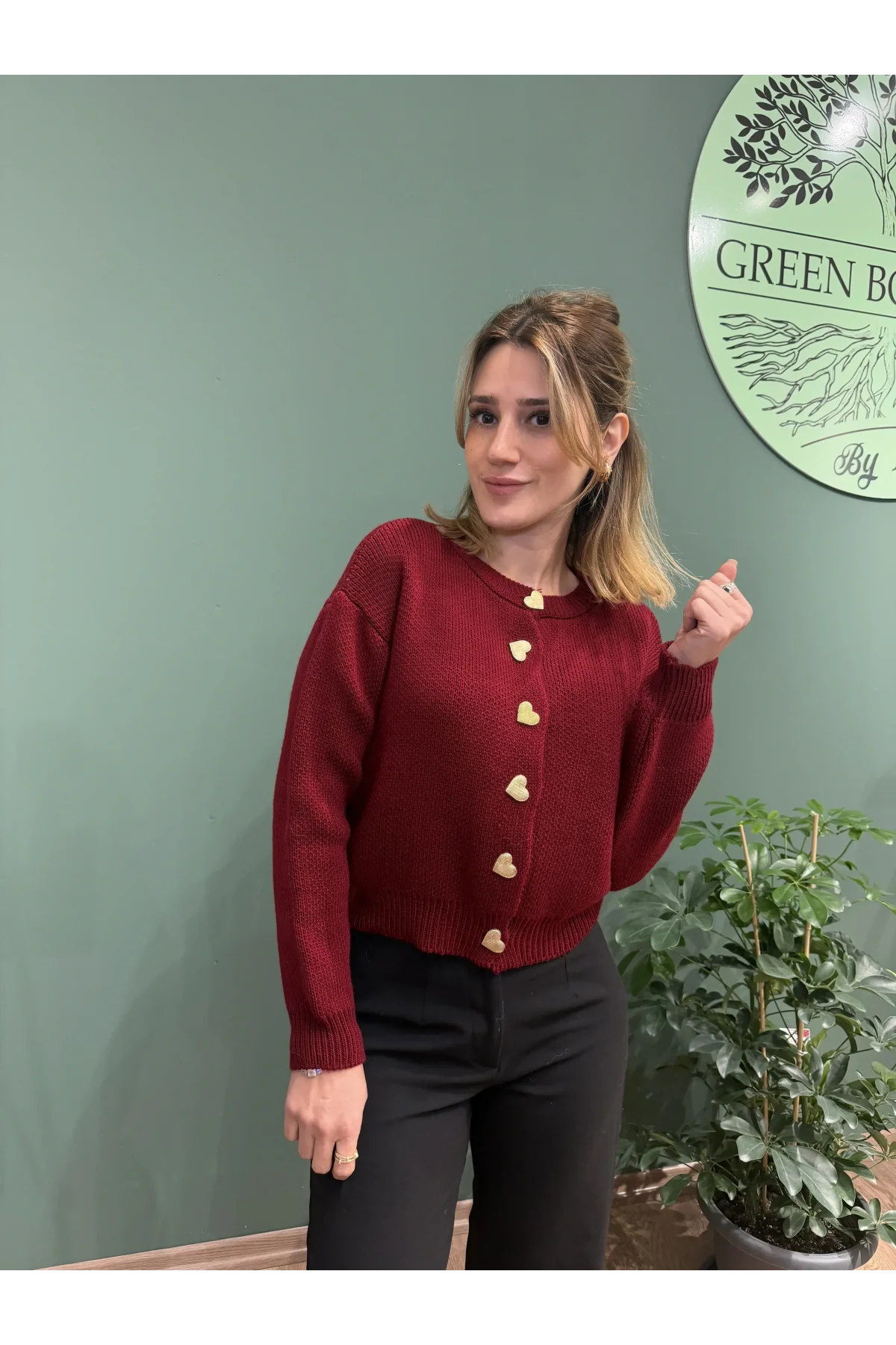 Gold Kalp Düğmeli Bisiklet Yaka Hırka Bordo