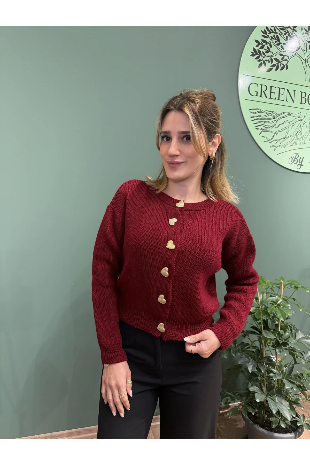 Gold Kalp Düğmeli Bisiklet Yaka Hırka Bordo