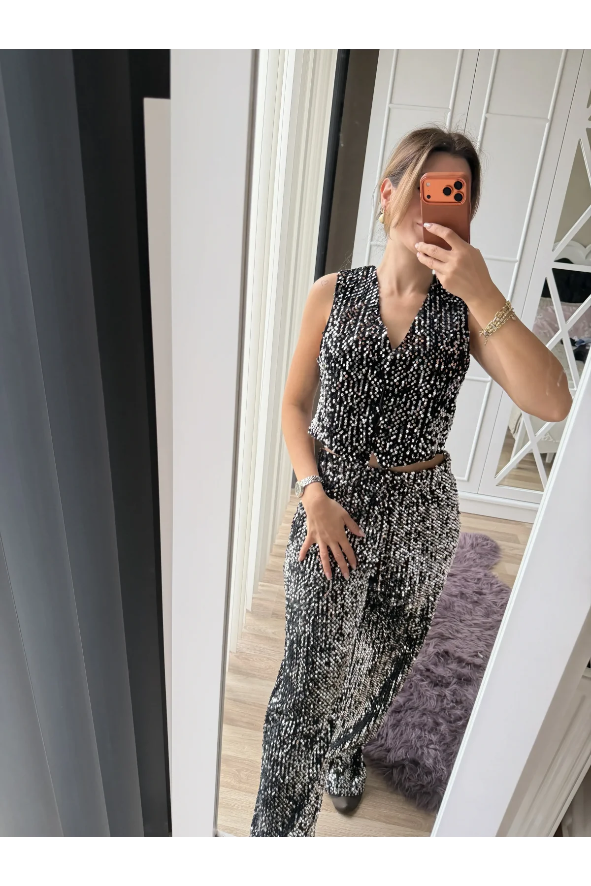 Gri Pul Payet Çıtçıtlı Yelek Pantolon Takım Siyah