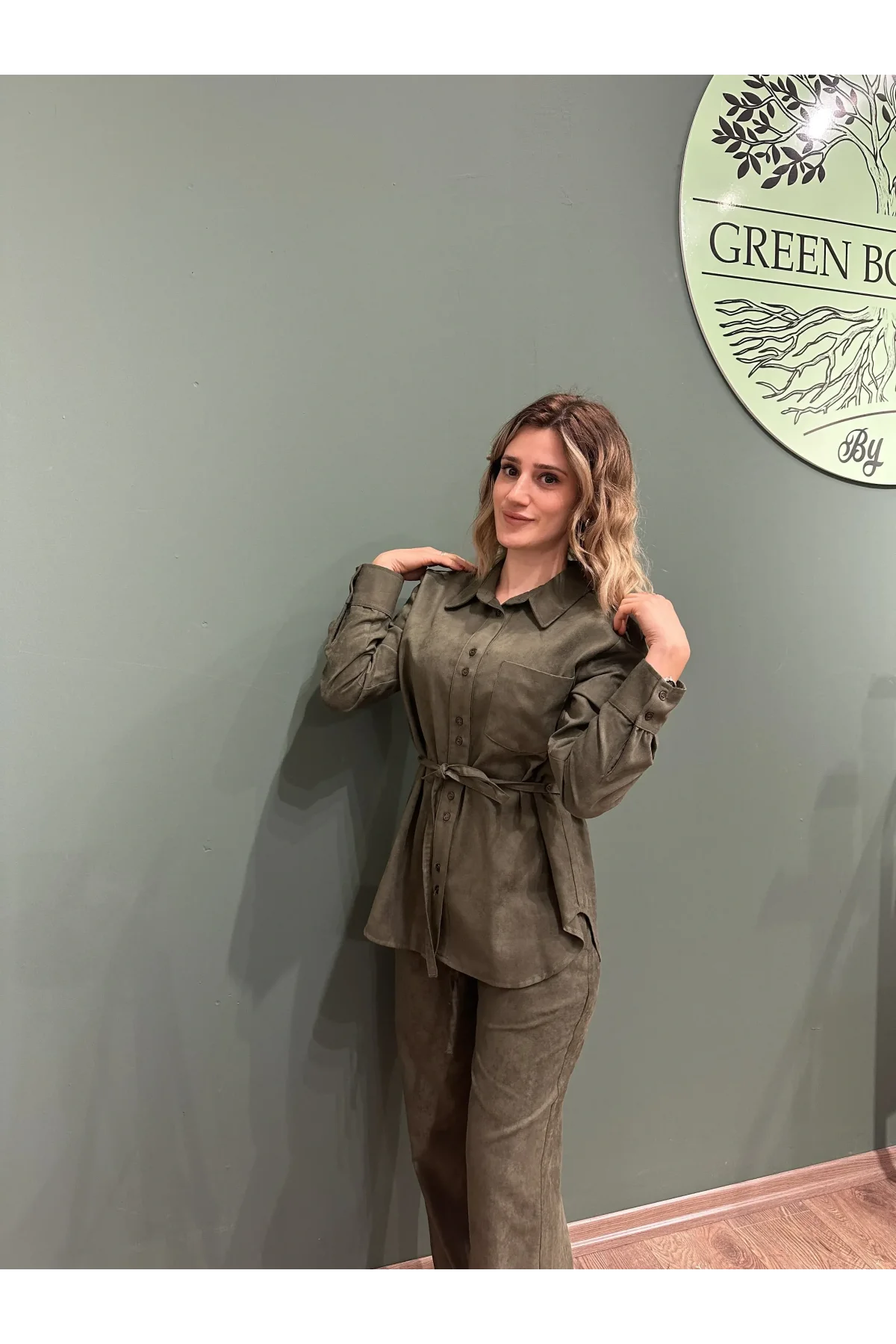 İnce Süet Pantolon Gömlek Takım Haki Yeşil