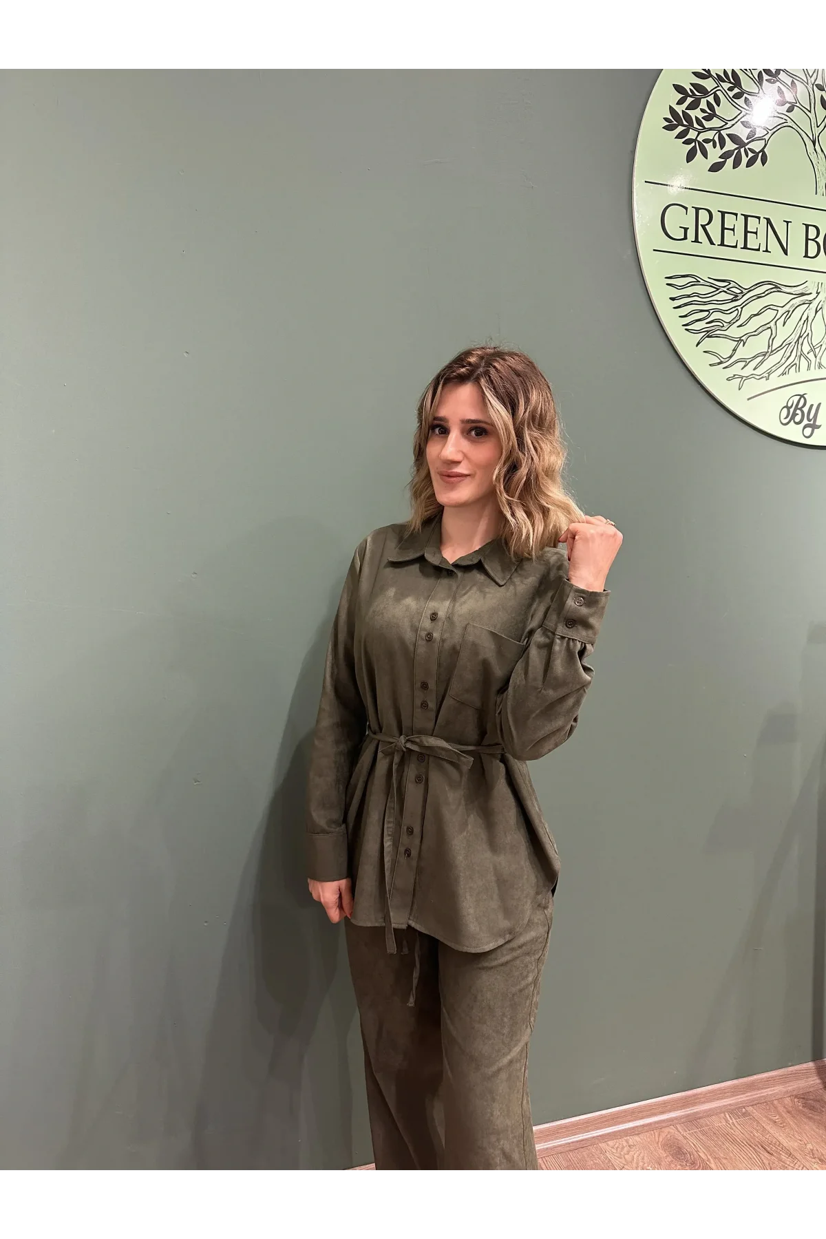 İnce Süet Pantolon Gömlek Takım Haki Yeşil