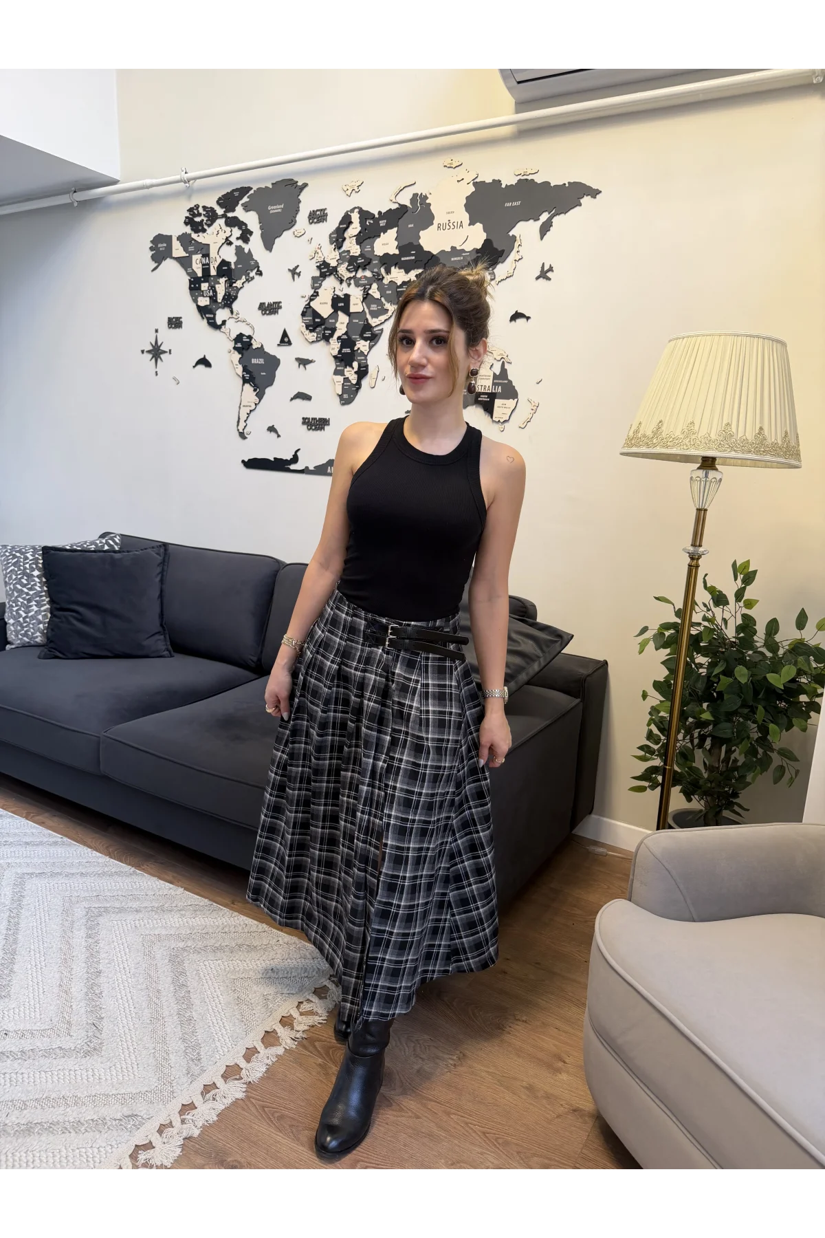 Kemer Detaylı Ekose Desenli Yırtmaçlı Etek Antrasit