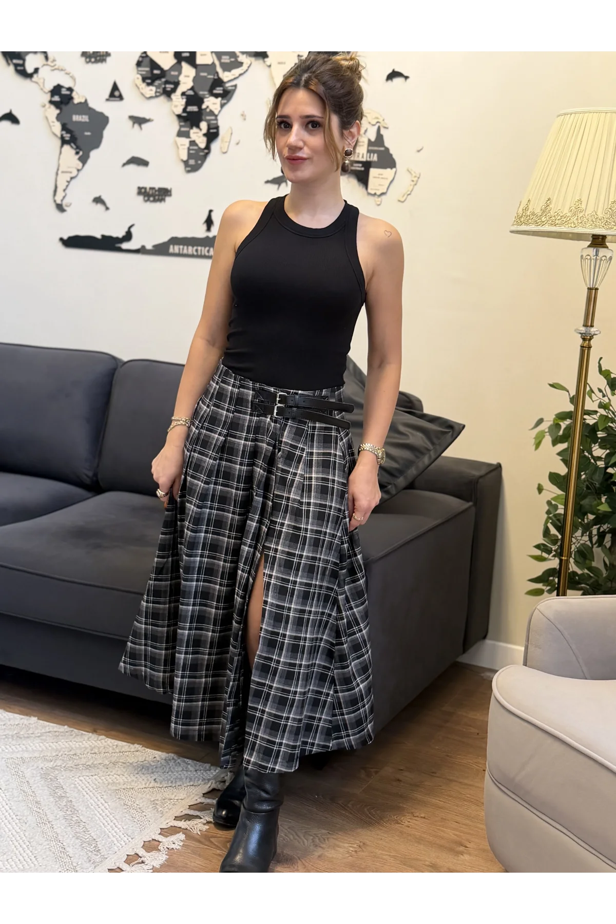 Kemer Detaylı Ekose Desenli Yırtmaçlı Etek Antrasit