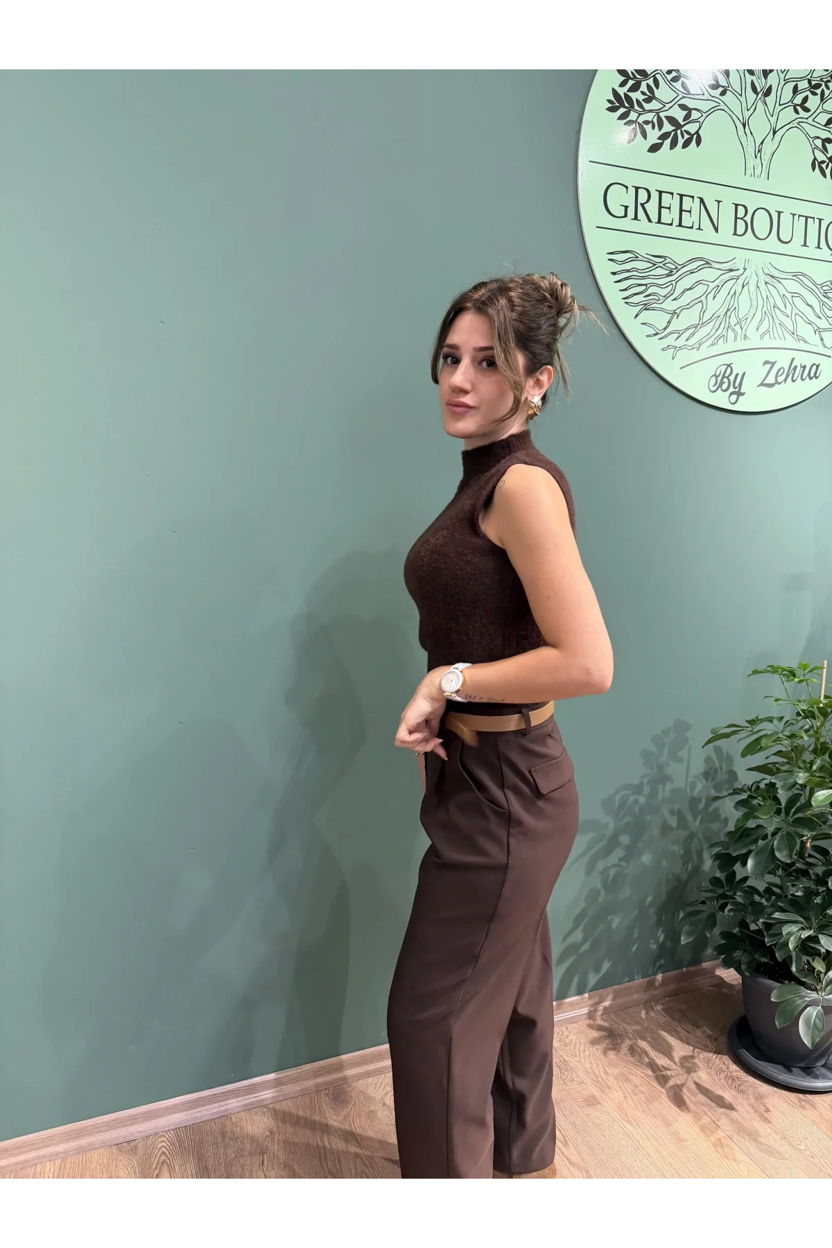 Kemerli Kumaş Pantolon Kahverengi