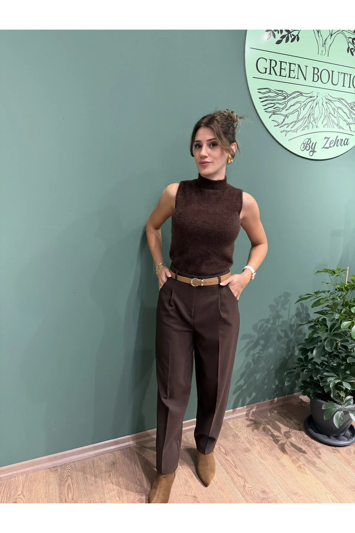 Kemerli Kumaş Pantolon Kahverengi