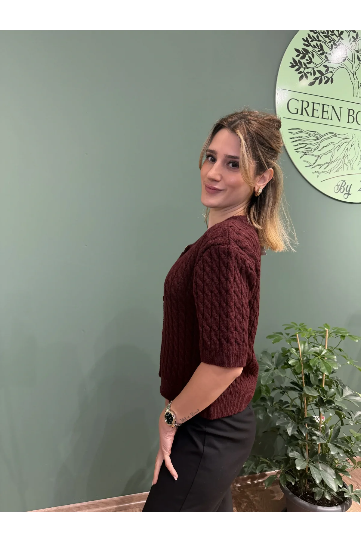 Kısa Kollu Saç Örgü Hırka Bordo