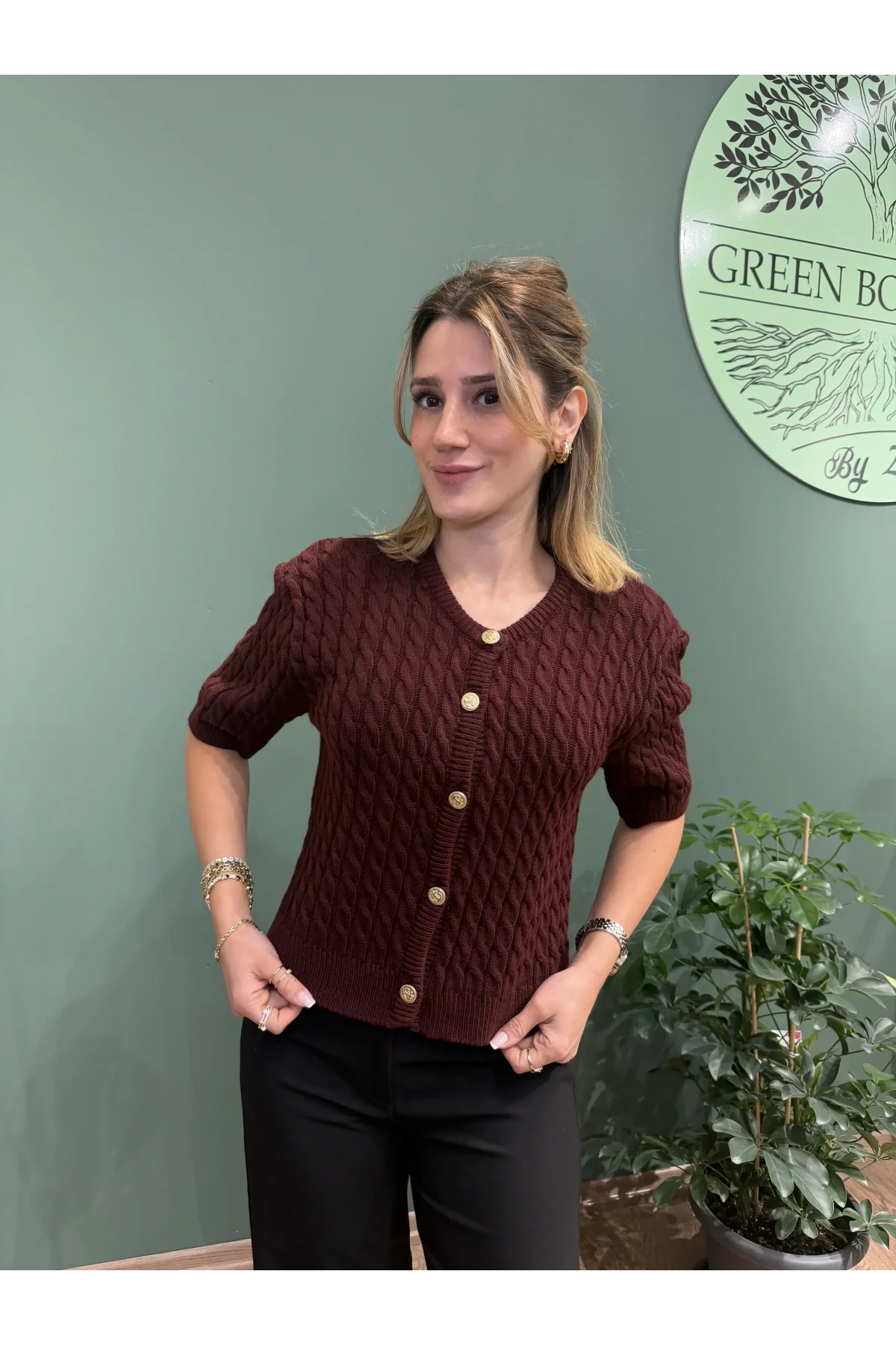 Kısa Kollu Saç Örgü Hırka Bordo