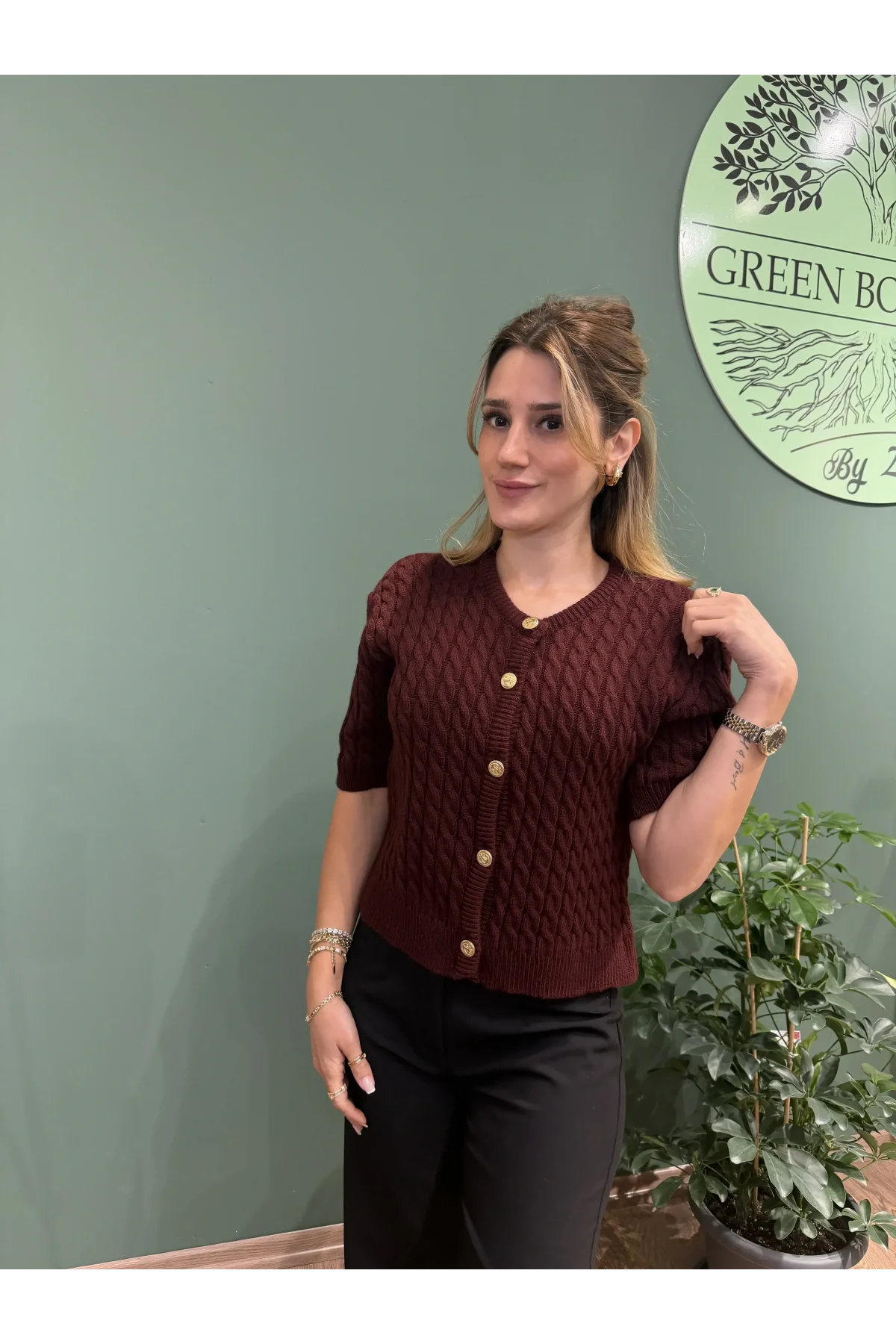 Kısa Kollu Saç Örgü Hırka Bordo