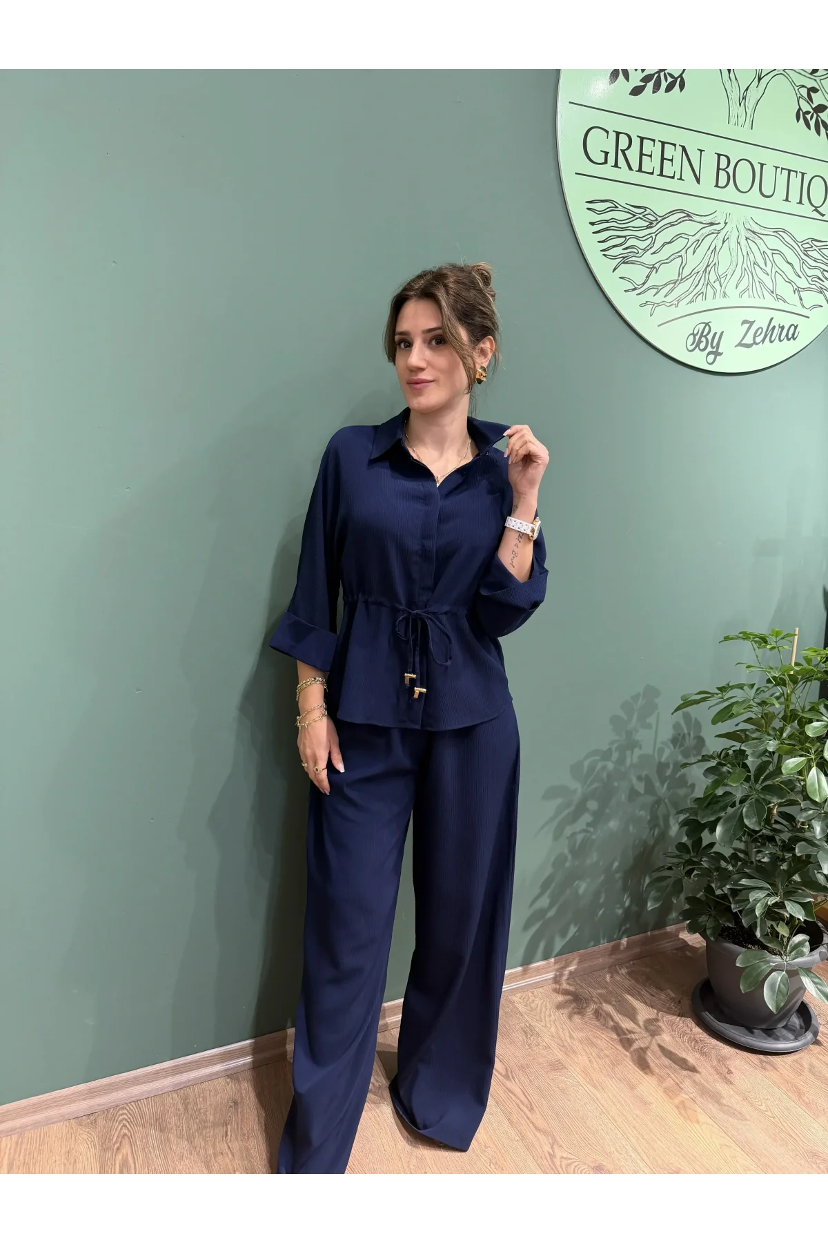 Lacivert Crinkle Kumaş Gömlek Pantolon Takım