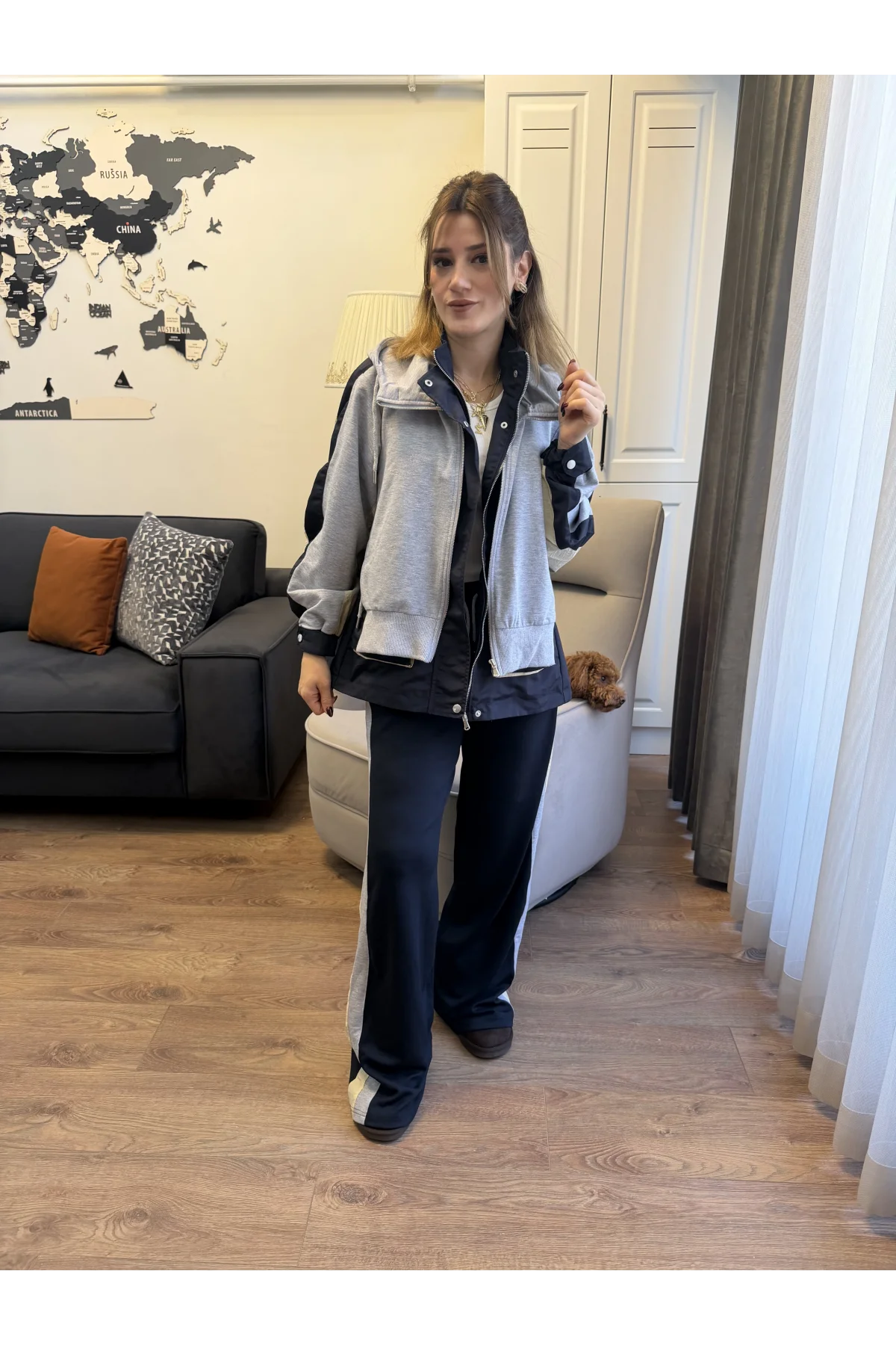 Lacivert Gri Garnili Tasarım Eşofman Takım