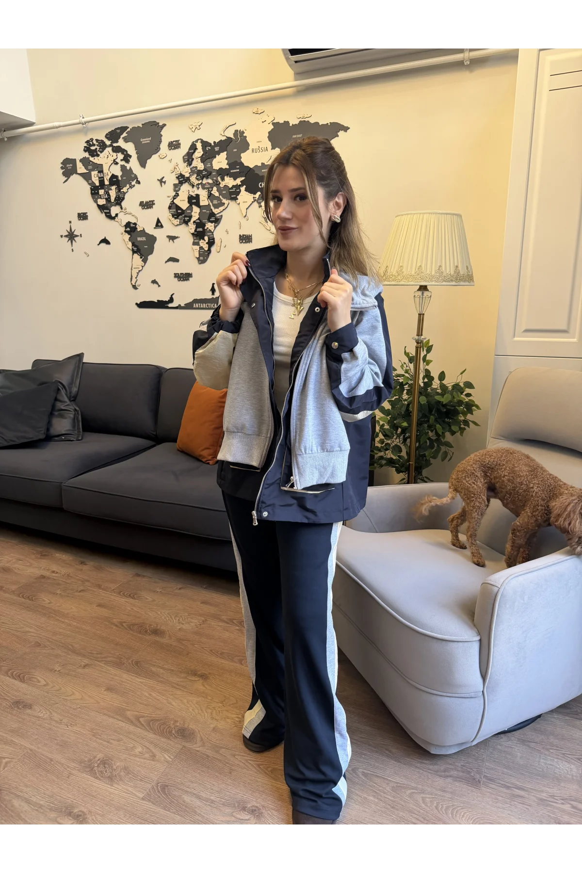 Lacivert Gri Garnili Tasarım Eşofman Takım