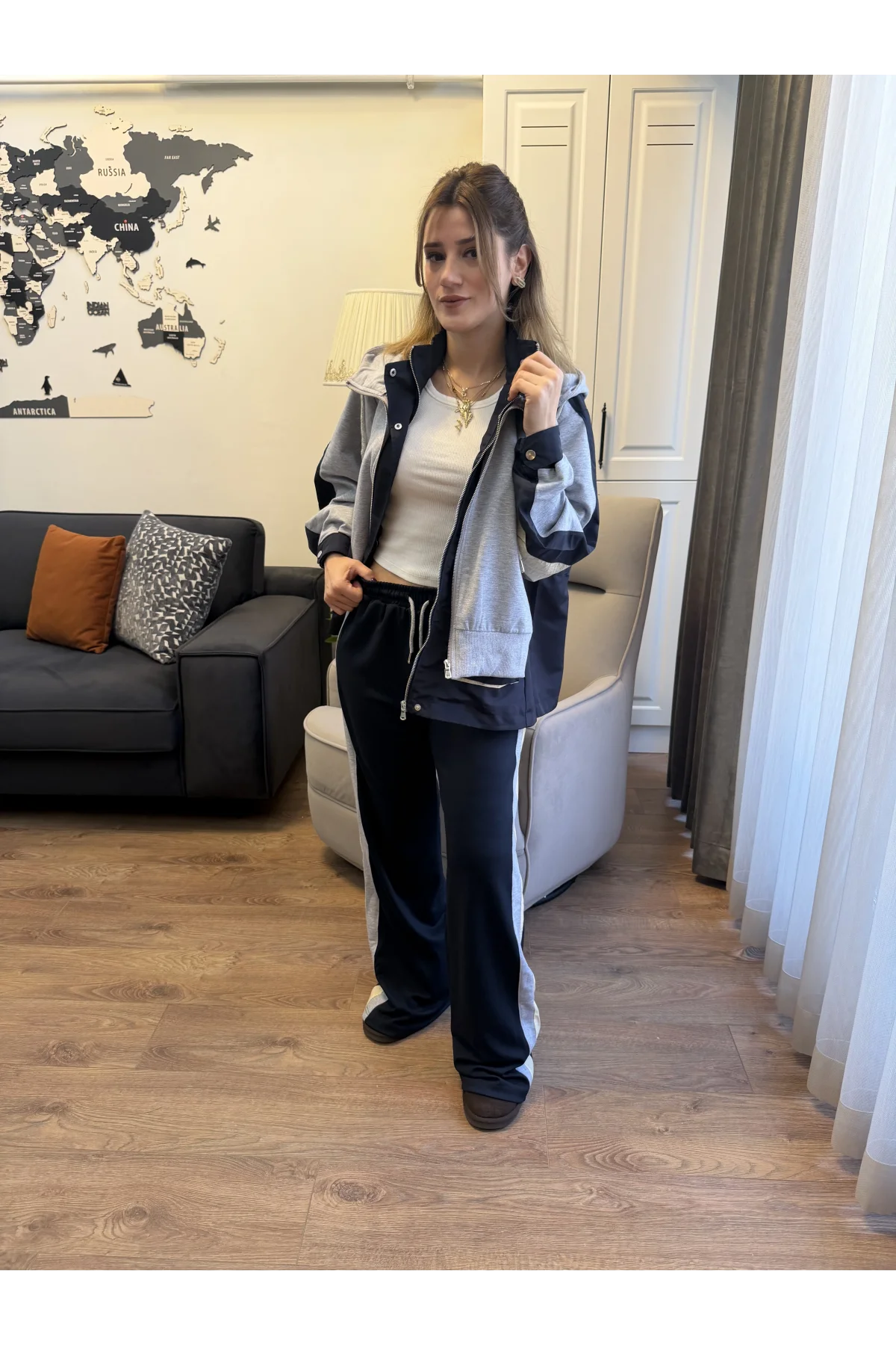 Lacivert Gri Garnili Tasarım Eşofman Takım