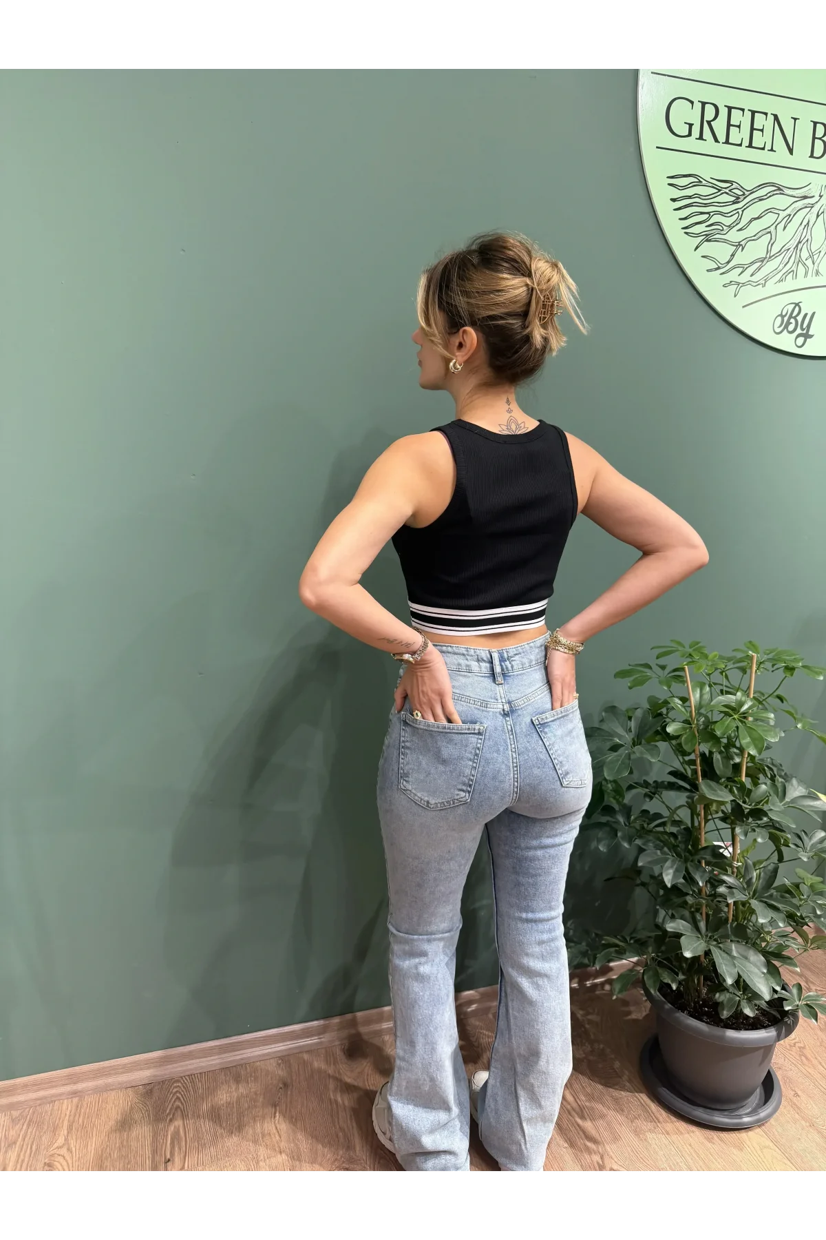 Likralı Yüksek Bel İspanyol Paça Jean Pantolon Açık Mavi