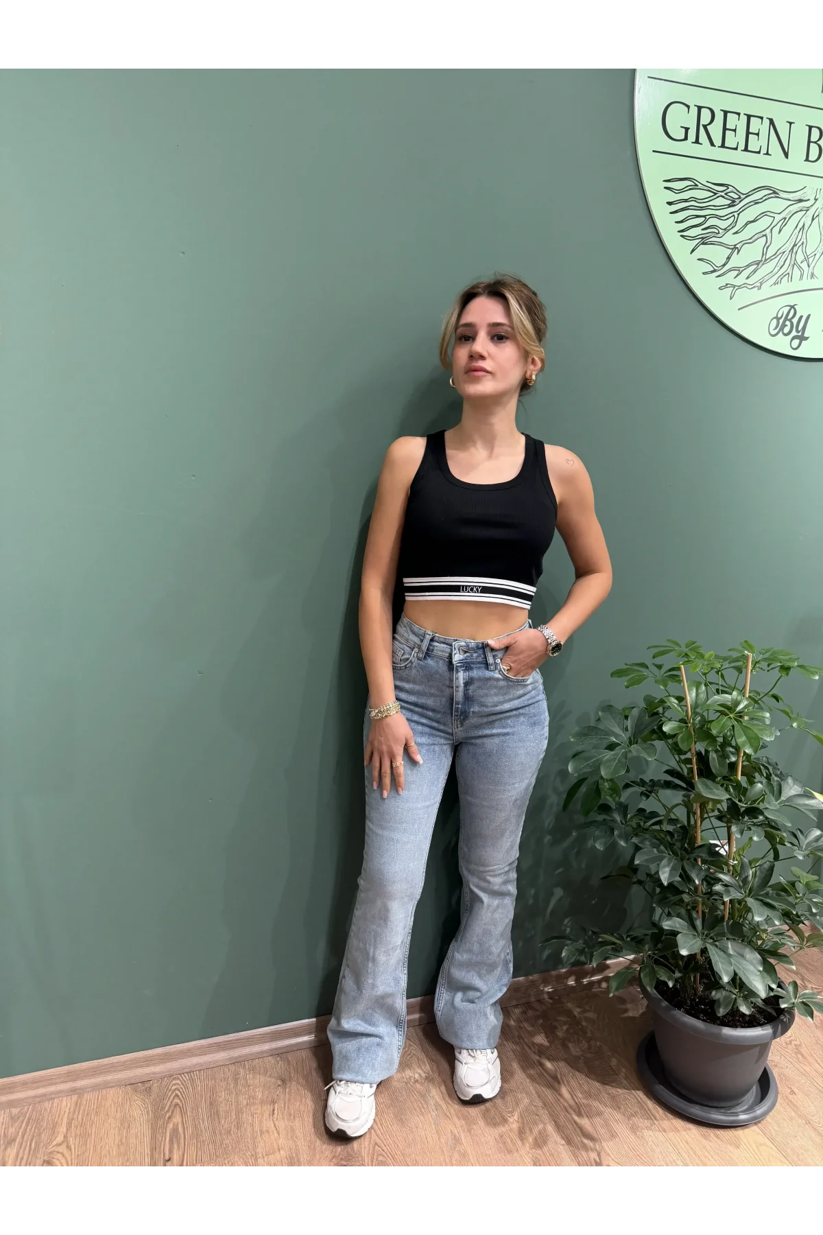 Likralı Yüksek Bel İspanyol Paça Jean Pantolon Açık Mavi