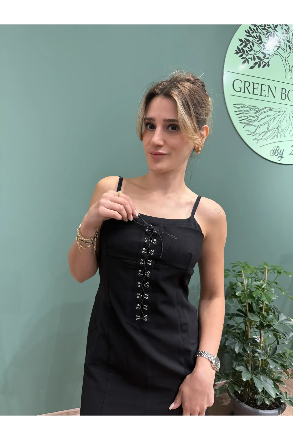 Mini Bağcık Detaylı Askılı Elbise Siyah