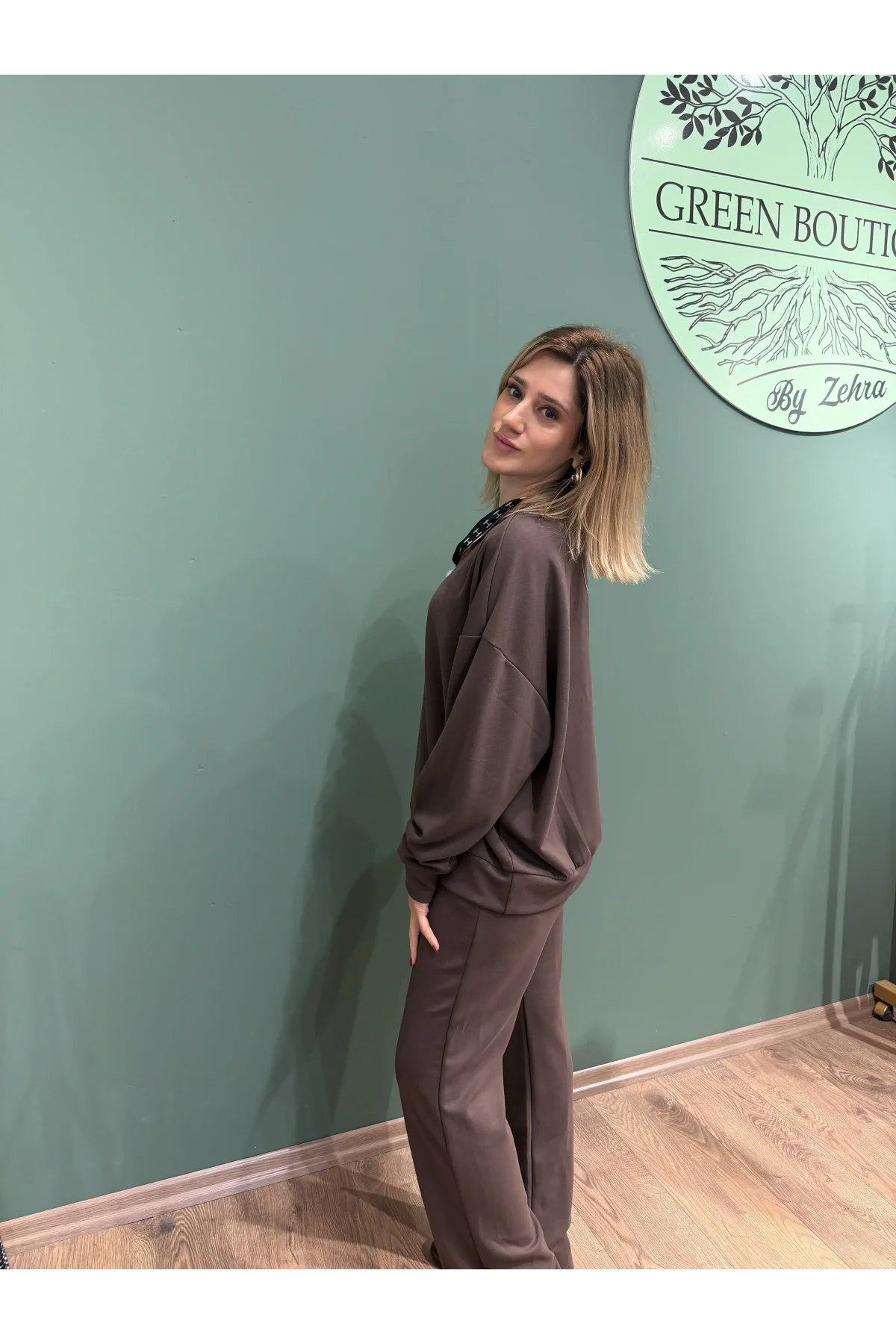 Modal Kumaş Fularlı Acıkahve Yazı Detaylı Eşofman Takım