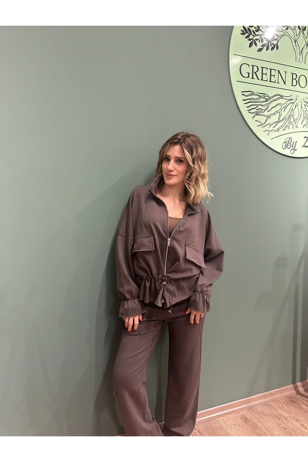 Önden Fermuarlı Acıkahve Kolu Büzgülü Eşofman Takım