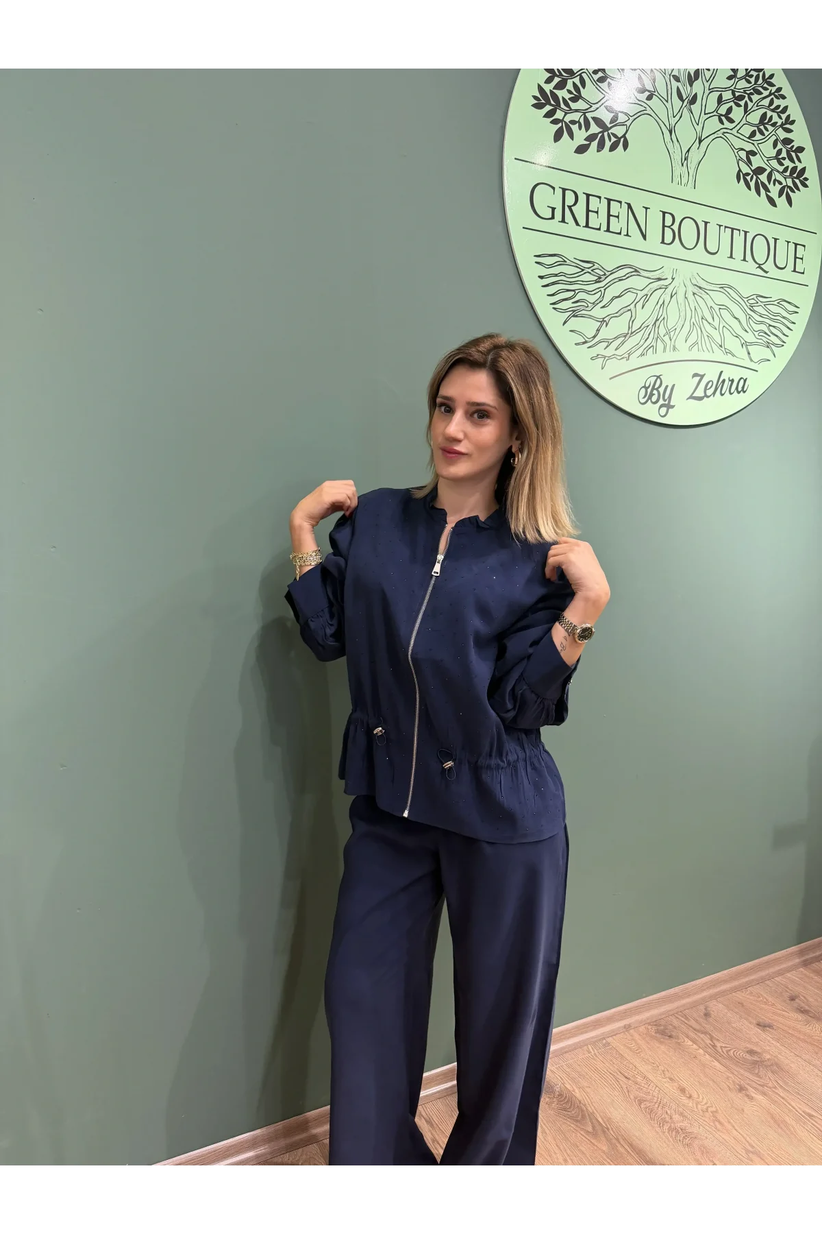 Önden Fermuarlı Pullu Belden Bağlamalı Lacivert Takım