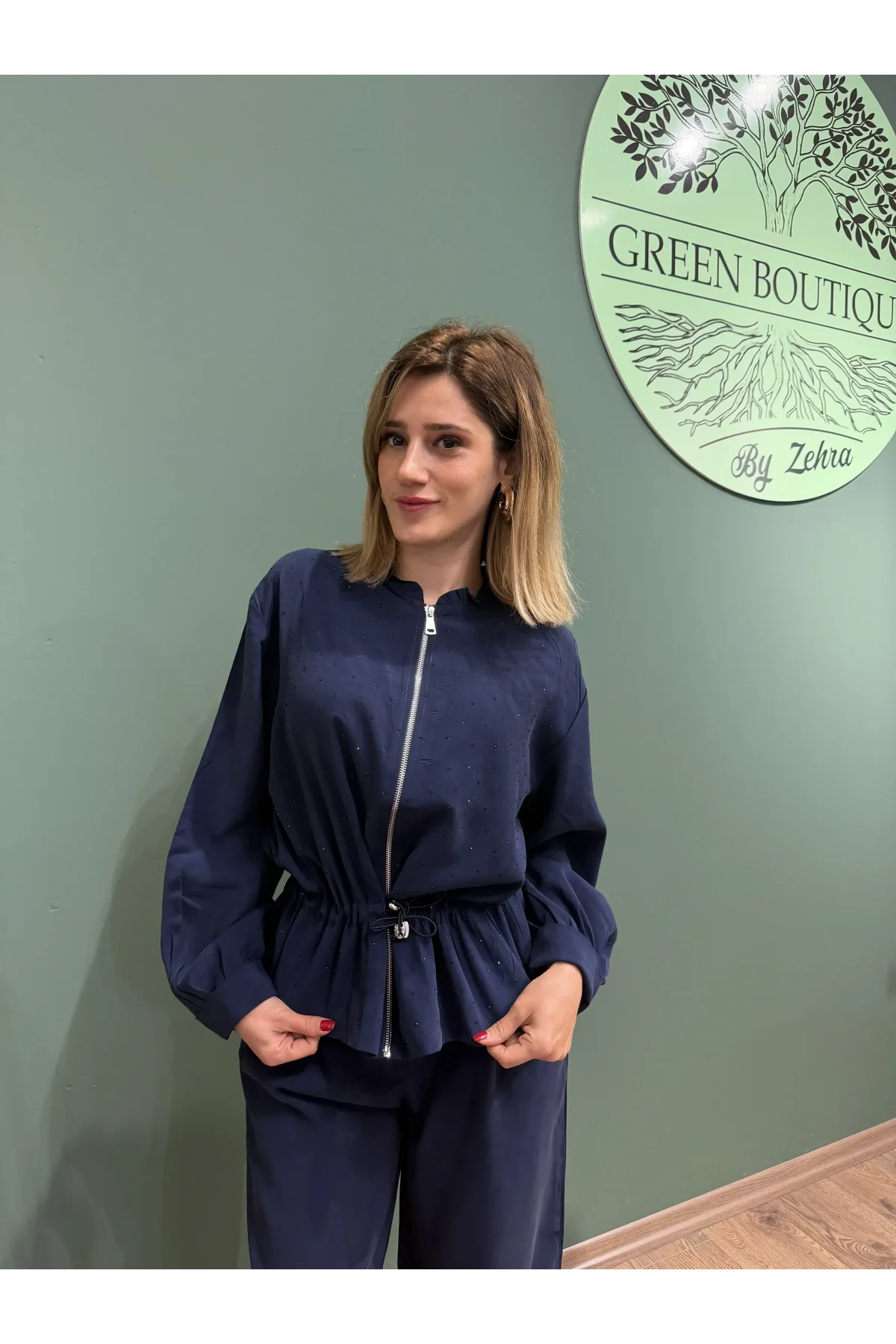 Önden Fermuarlı Pullu Belden Bağlamalı Lacivert Takım