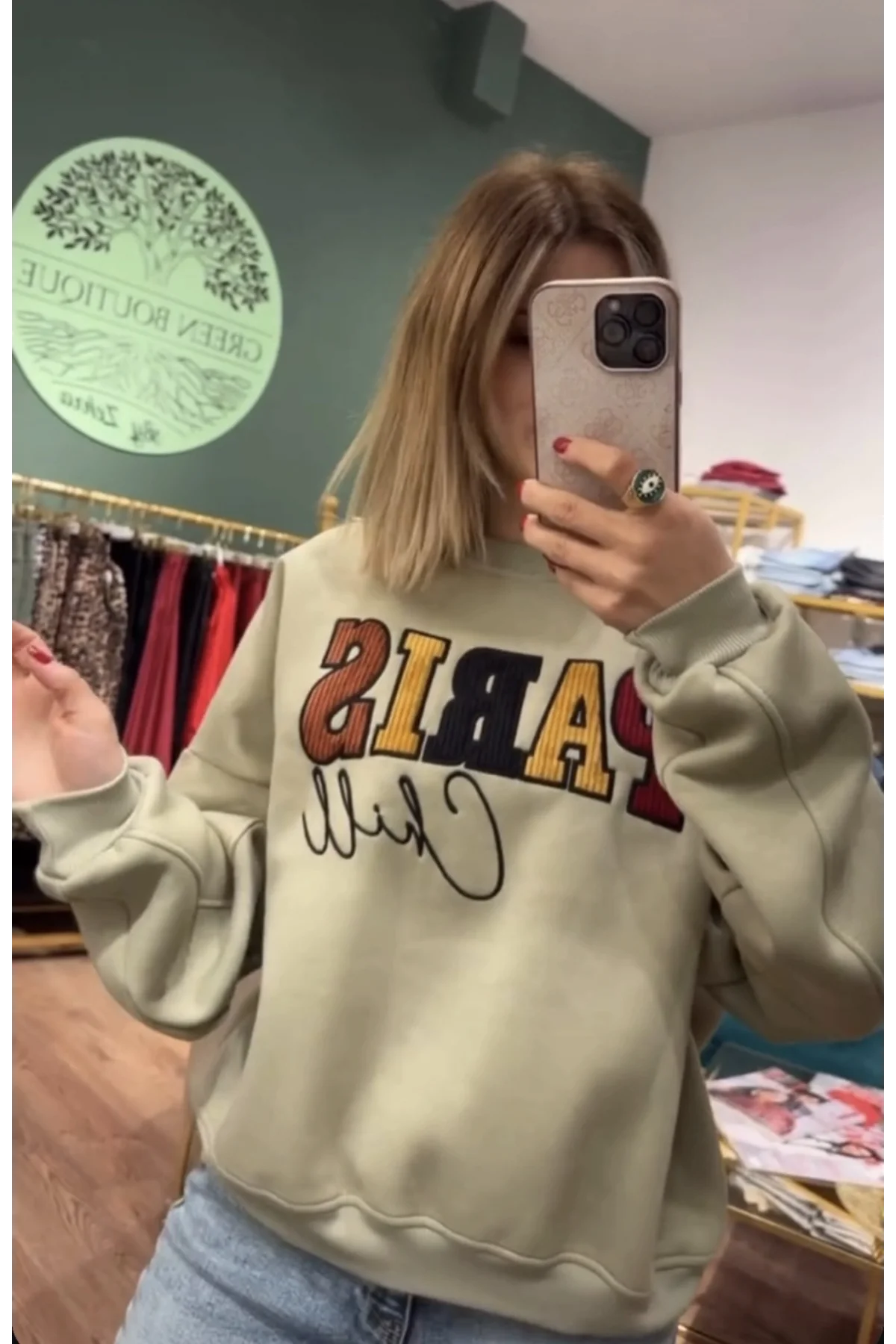 Paris Baskı Detaylı İçi Şardonlu Sweatshirt Çağla