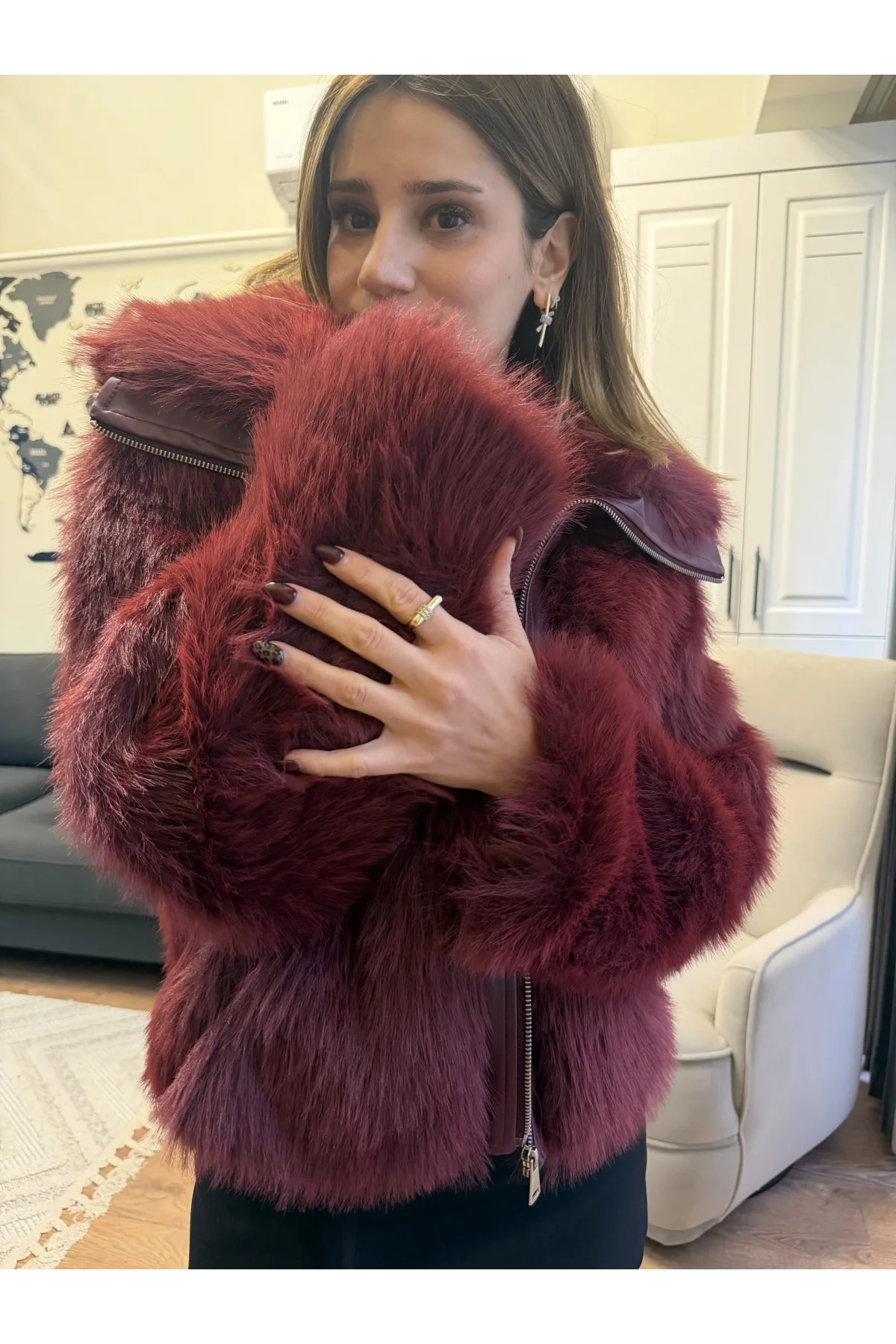 Deri Detaylı Kürk Mont Bordo