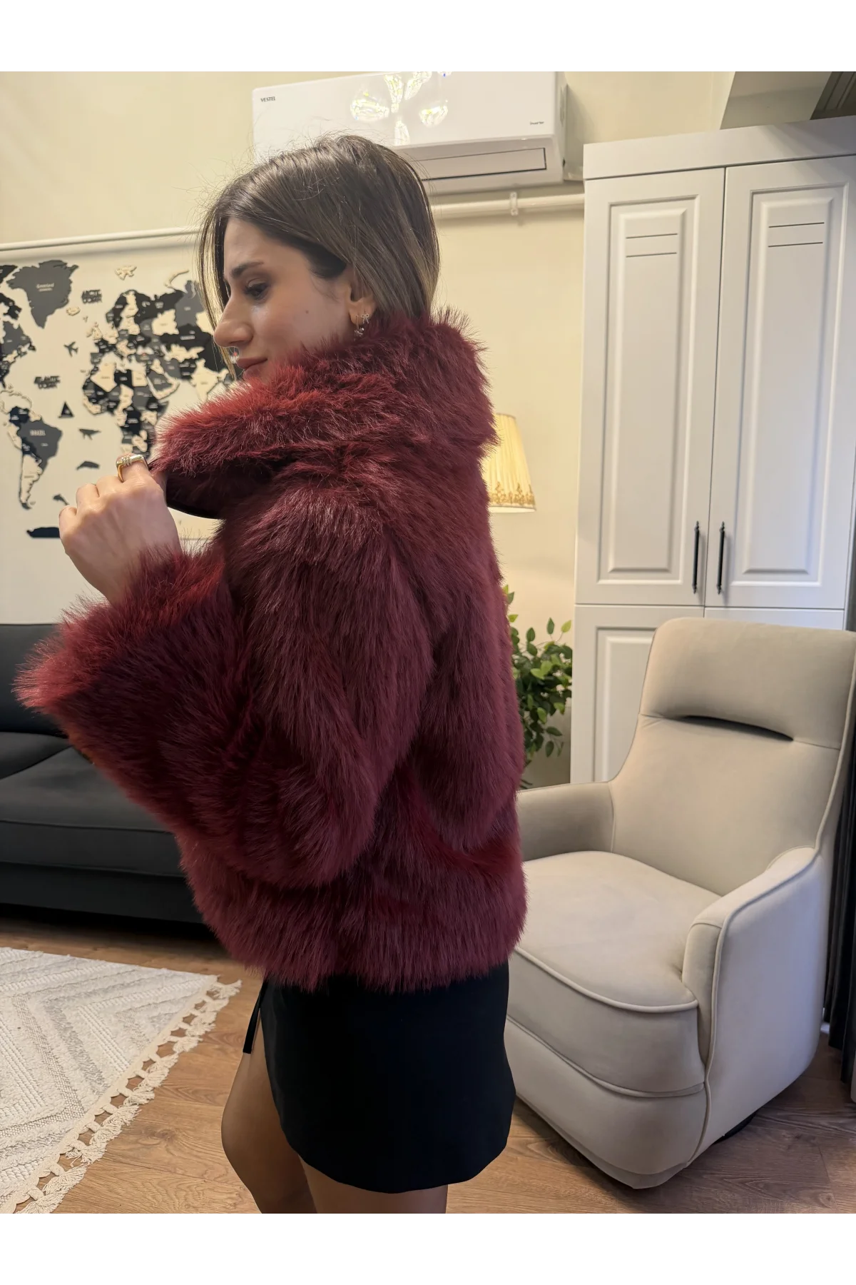 Deri Detaylı Kürk Mont Bordo