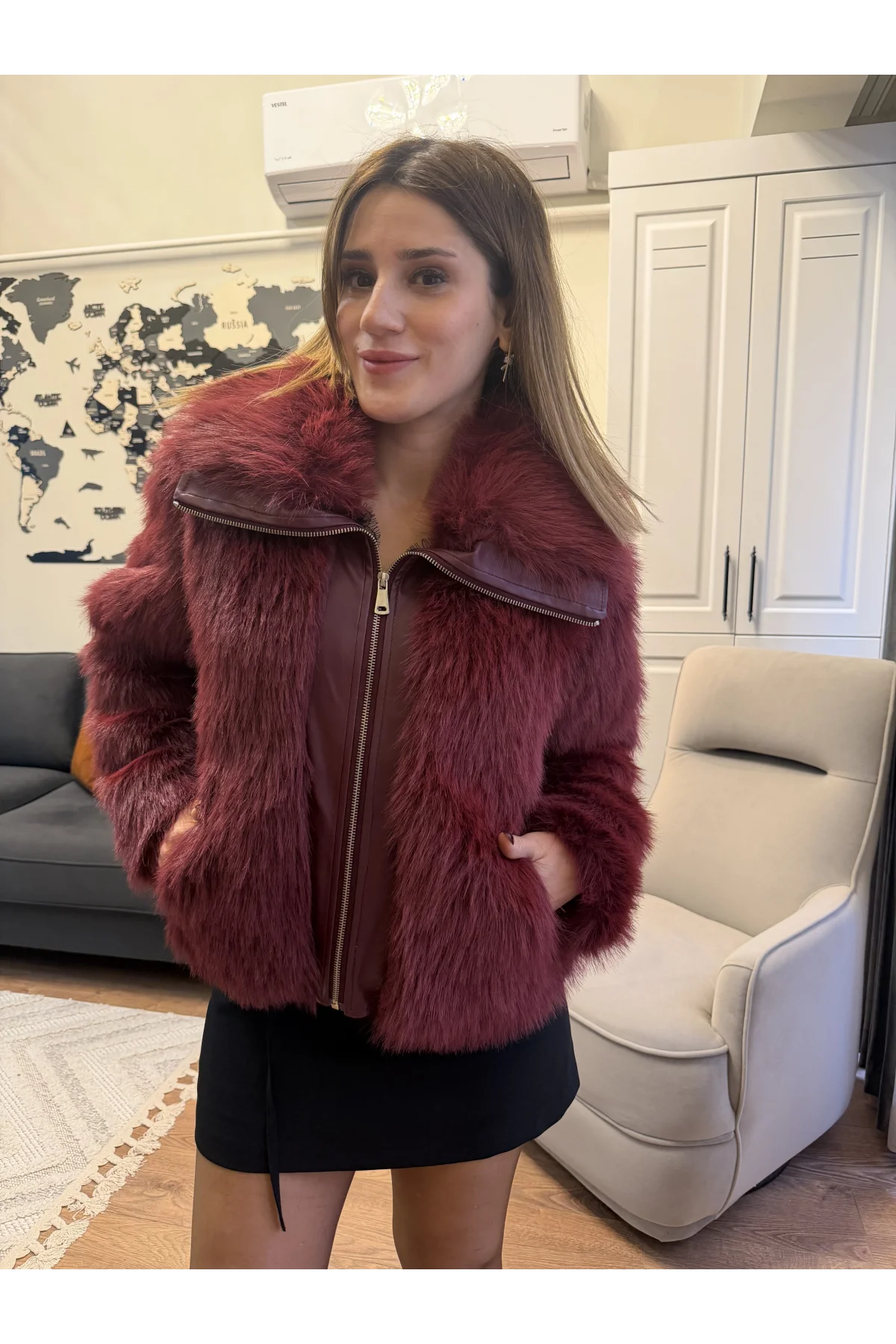 Deri Detaylı Kürk Mont Bordo